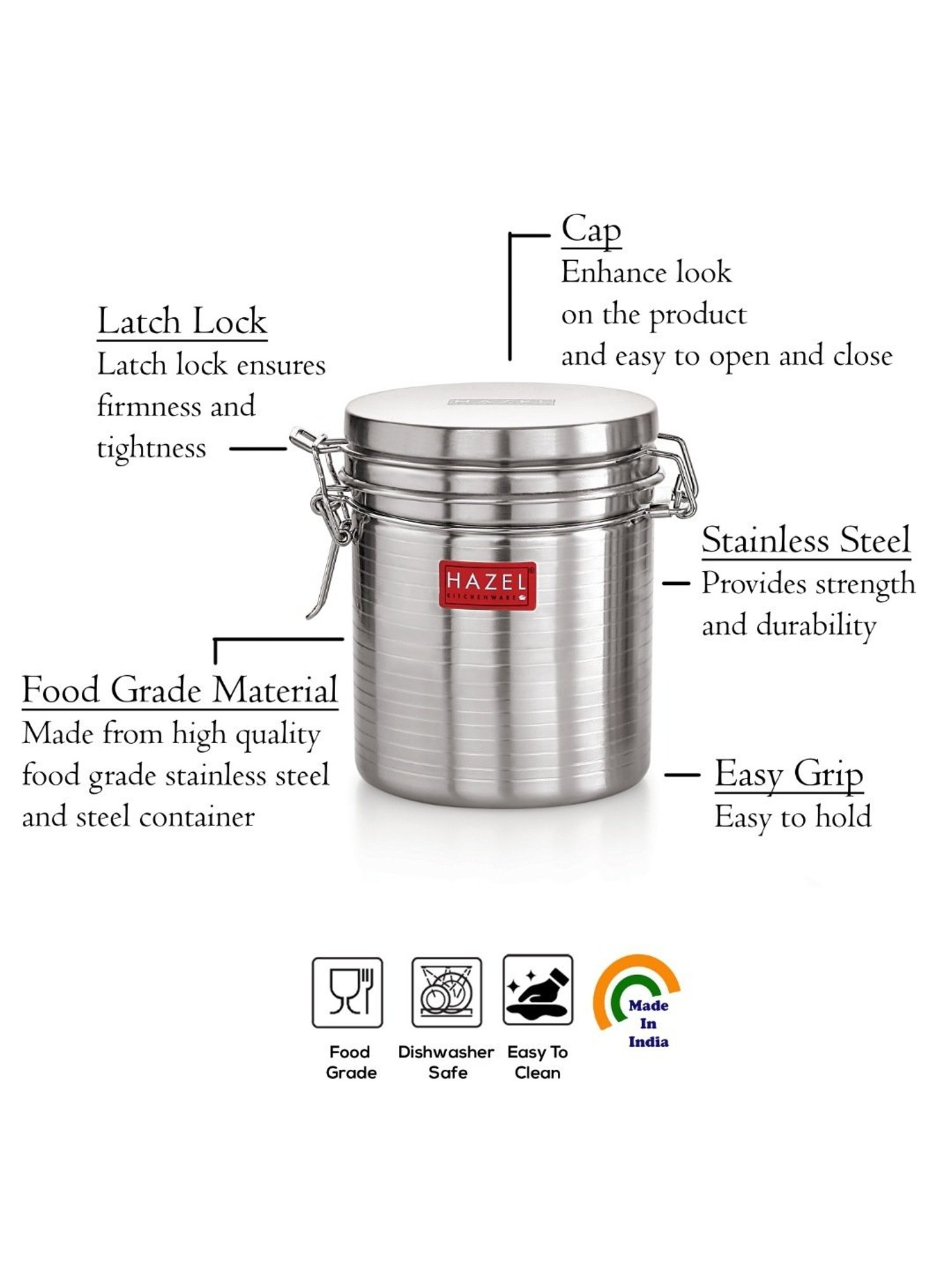HAZEL Silver Stainless Steel Container with Clip Lock (0.9L)