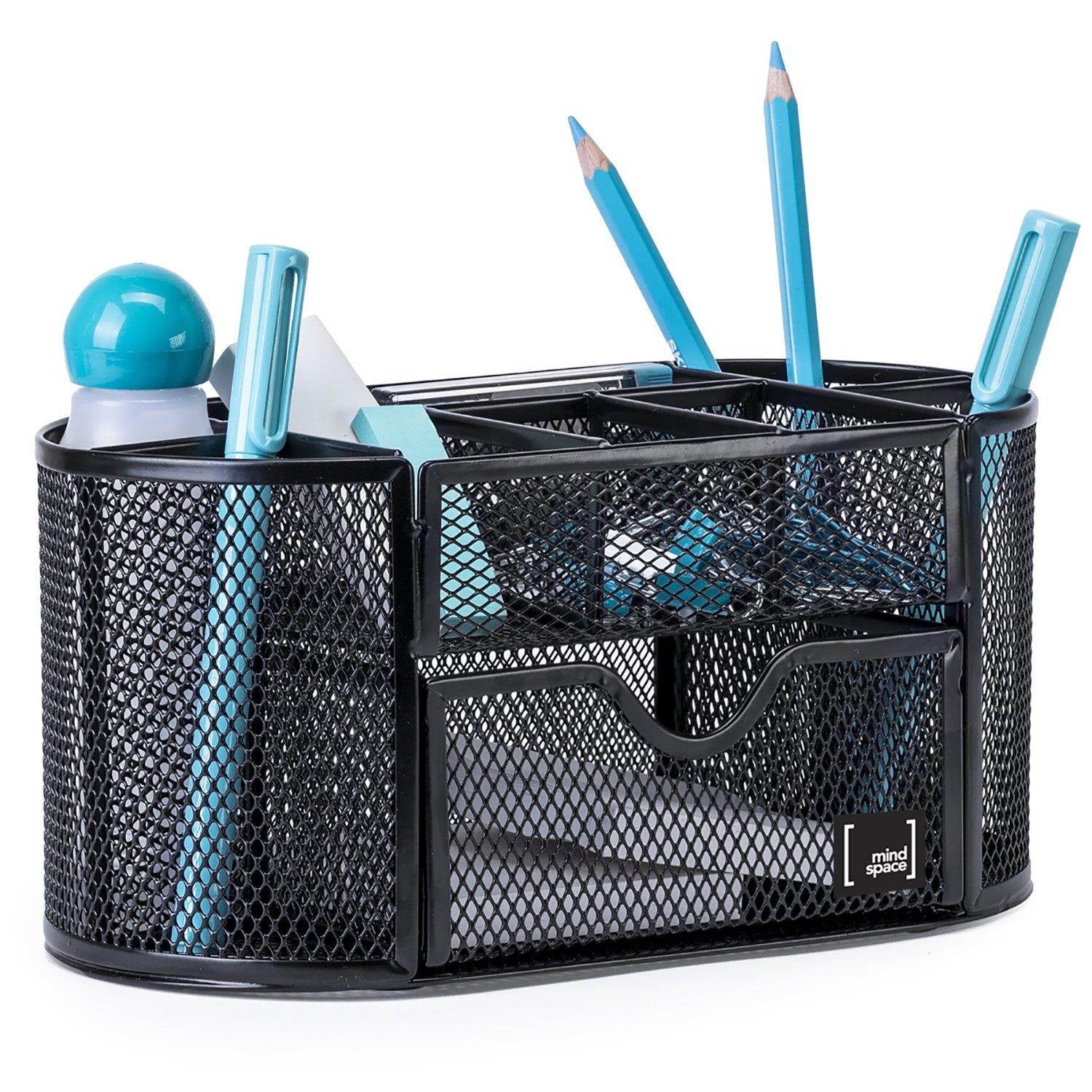 Pen Holder for Desk By Mindsapce with 8 Compartments + Drawer | The Mesh Collection, Black