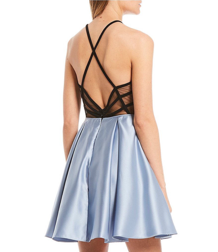 Blondie Nites Spaghetti Strap V-Neck Colorblock Fit-and-Flare Dress