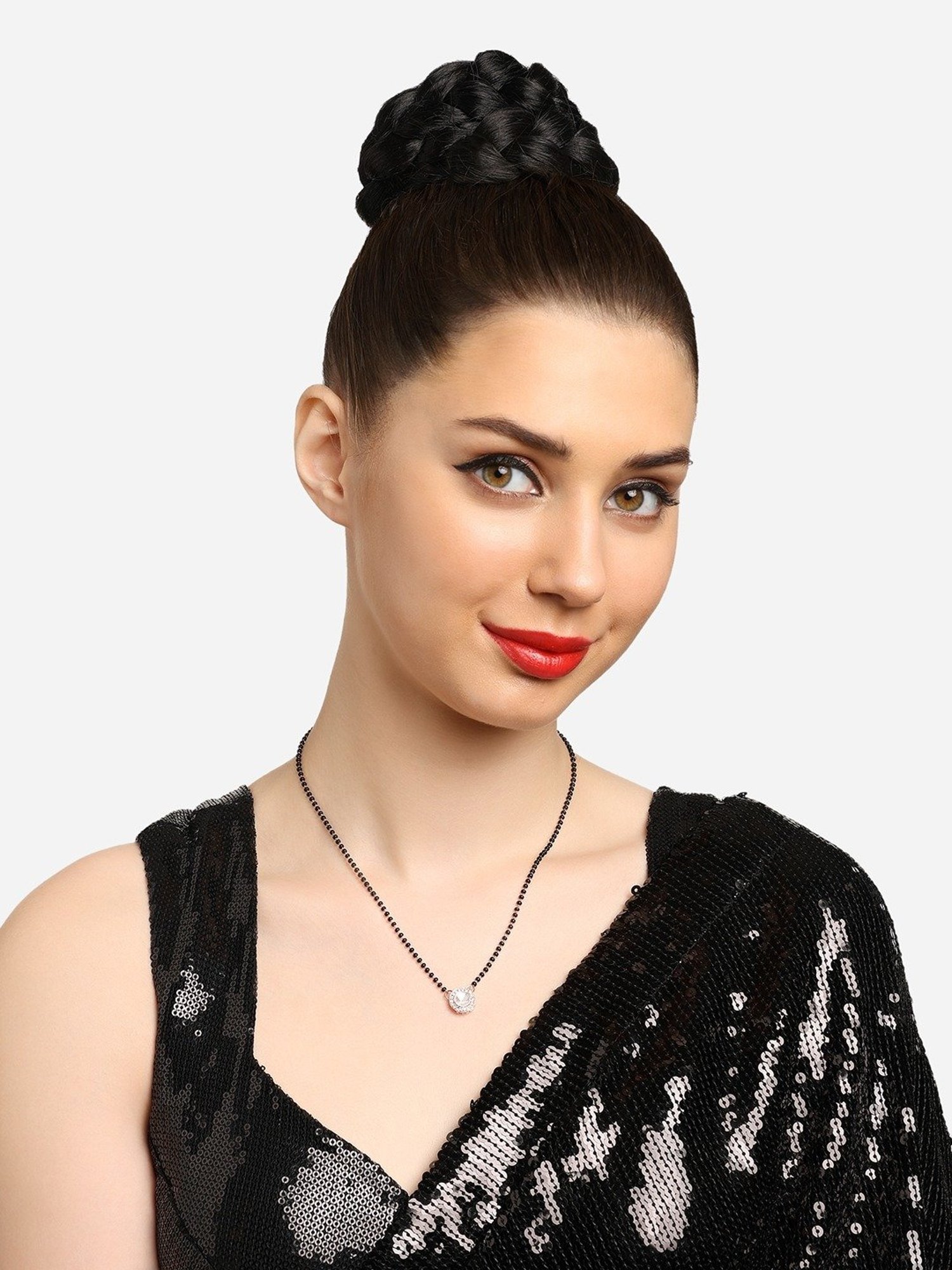 Abdesigns Gold-Plated American Diamond & Black Beaded Mangalsutra