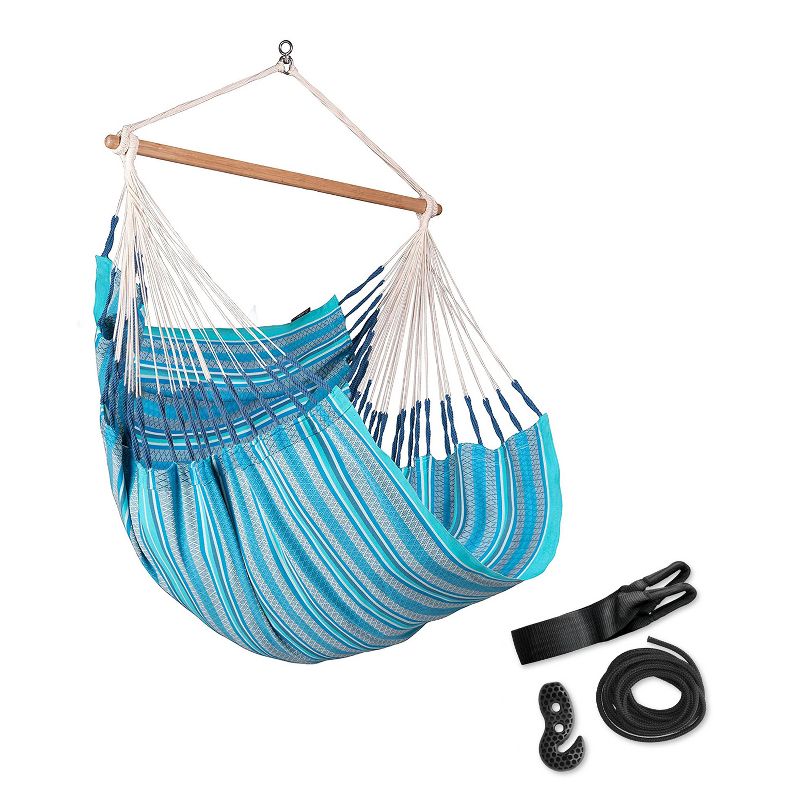 La Siesta HAL18-19 Habana Organic Cotton Indoor or Outdoor Hanging Ceiling Bamboo Lounger Hammock Chair Swing and Suspension Set, Azure Blue