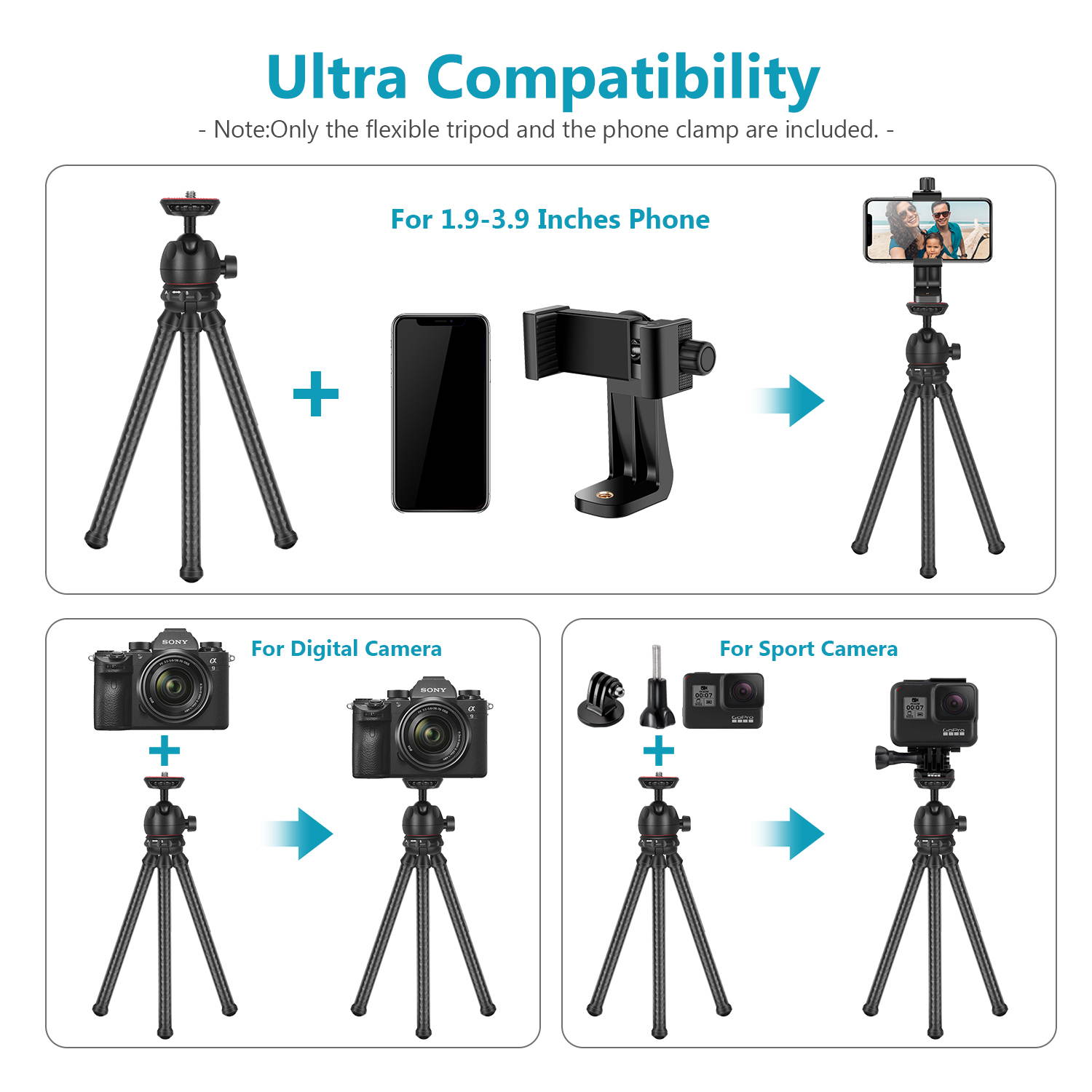 Neewer 12 inches Flexible Tripod with 1/4-inch Screw Mount and Ball-Head 360 Degree Rotatable Phone Clip for iPhone Samsung Huawei Smart Phone and DSLR Camera for Photo Video Photography