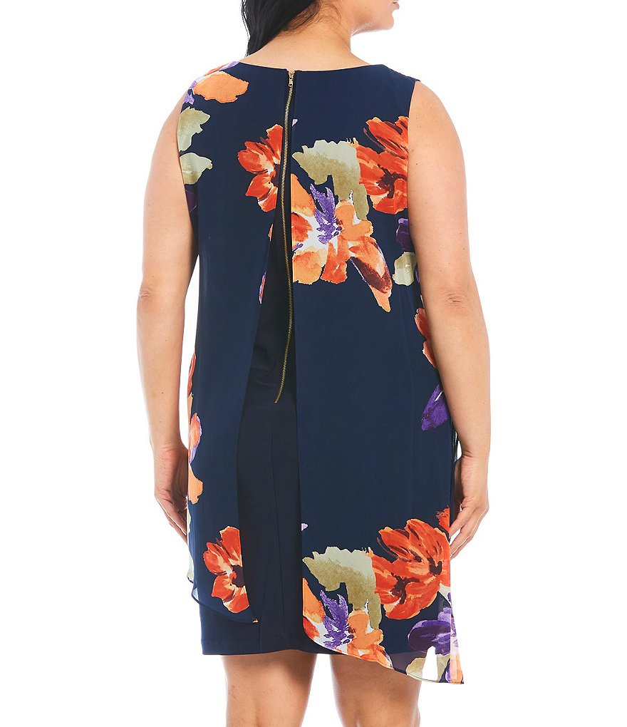 Ignite Evenings Plus Size Round Neck Sleeveless Floral Chiffon Overlay Dress