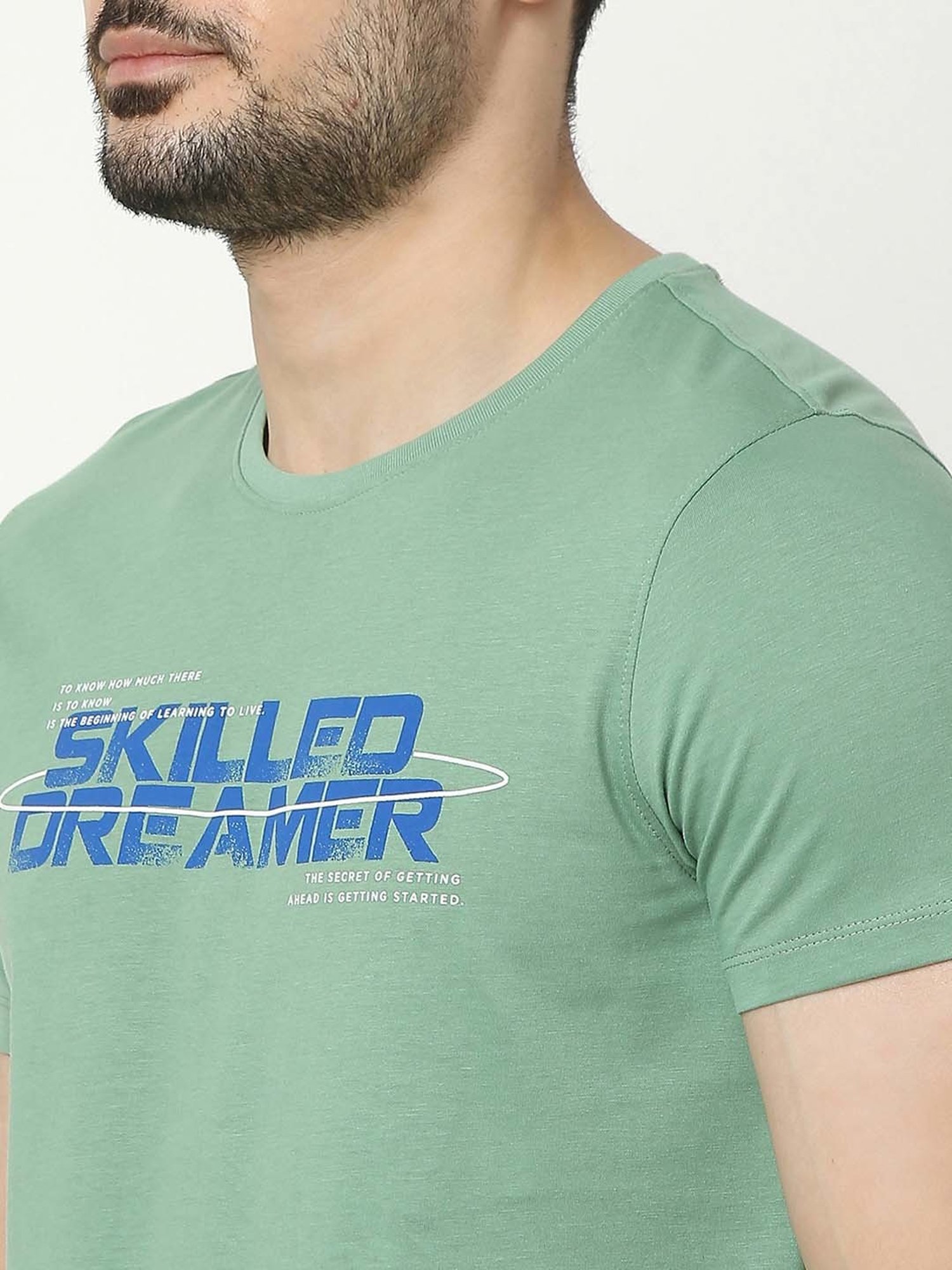 UnderJeans by Spykar Green Regular Fit Printed Cotton Crew T-Shirt