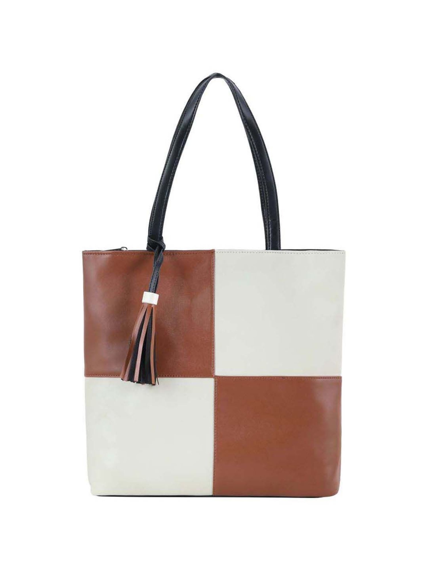 Toteteca White & Tan Color Block Medium Tote Handbag