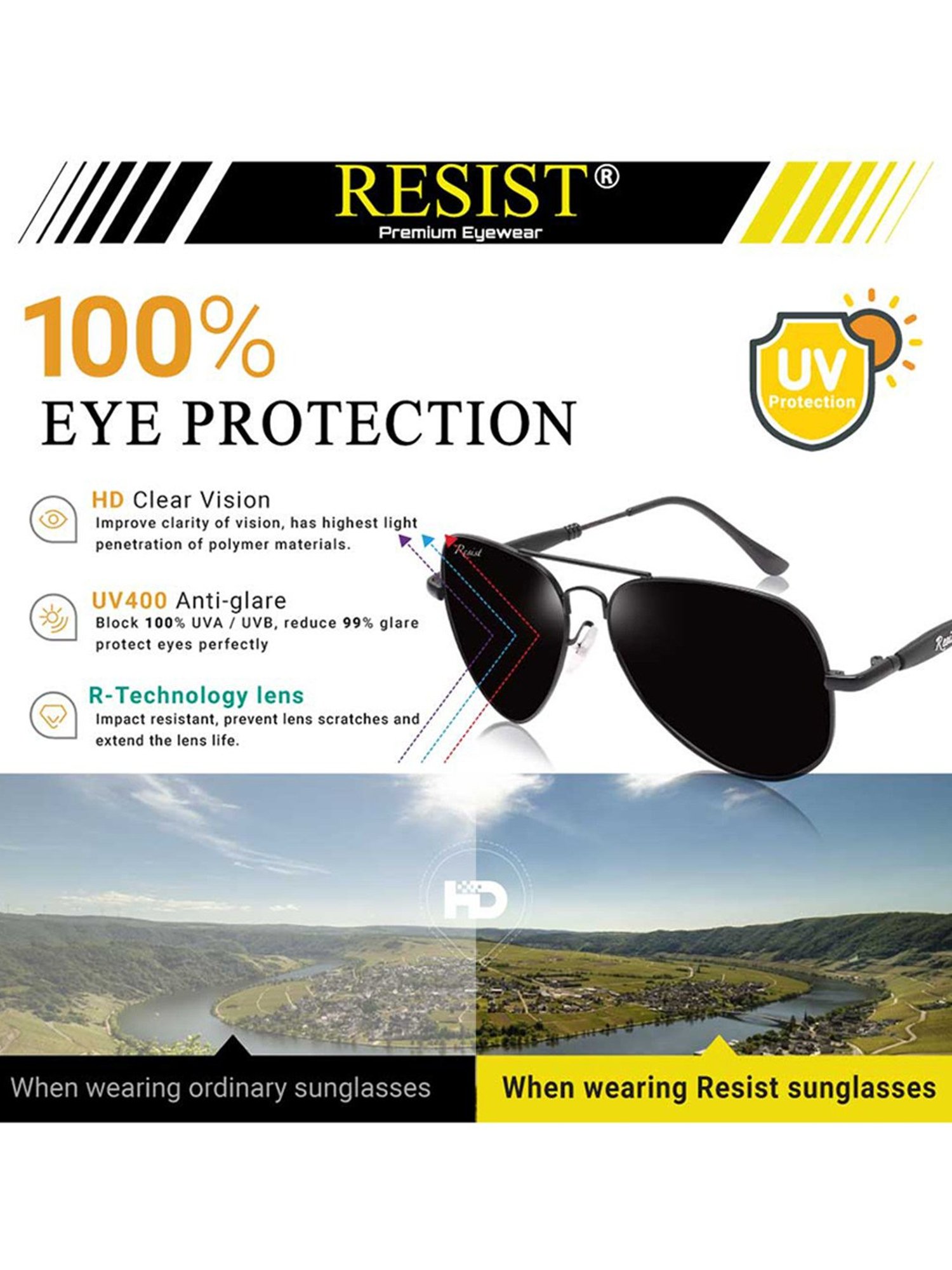 Resist Eyewear Black Aviator UV Protection Unisex Sunglasses