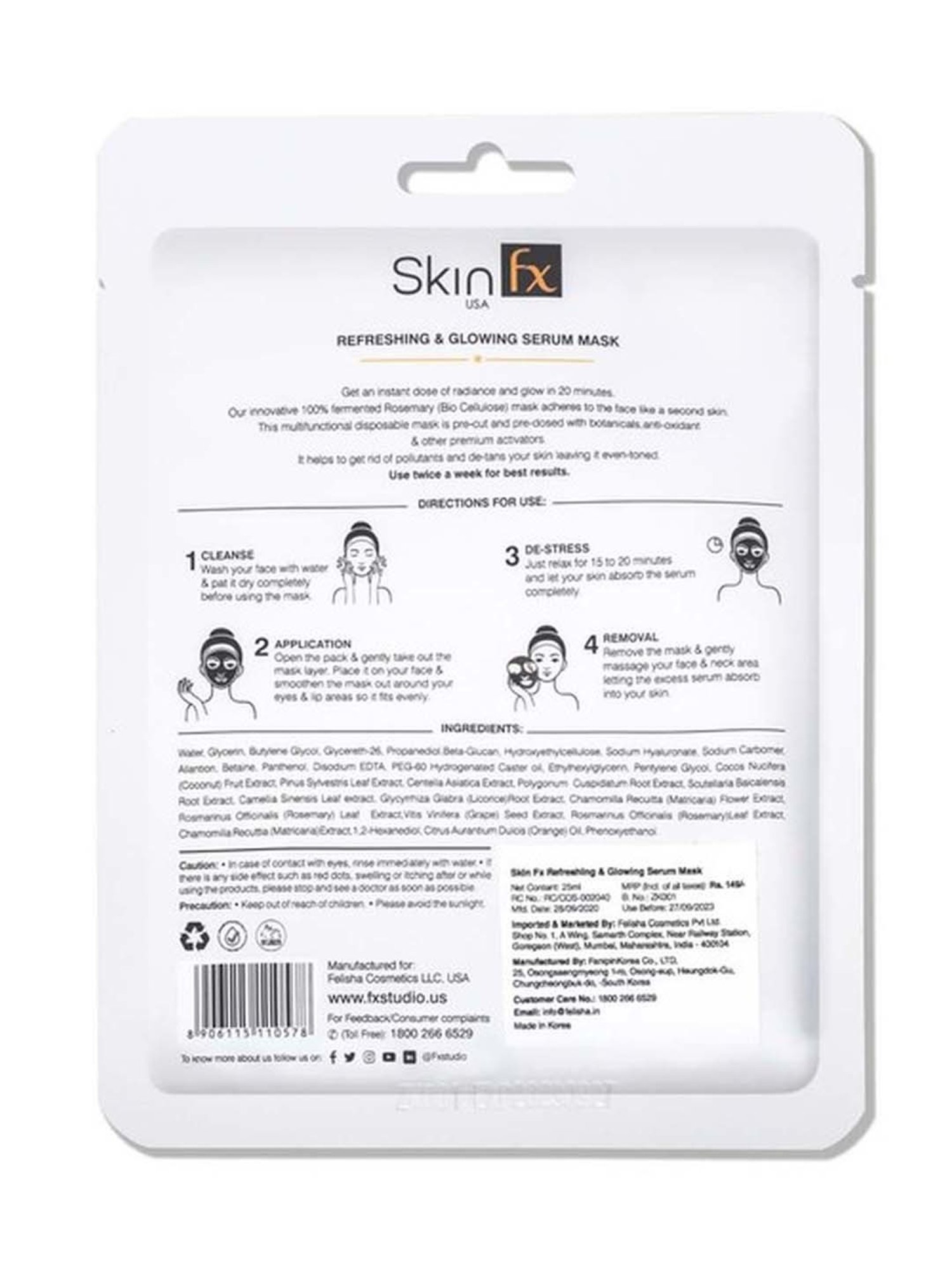 Skin Fx Lightening, Detan, Refreshing and Glowing Facial Serum Mask - Pack of 2