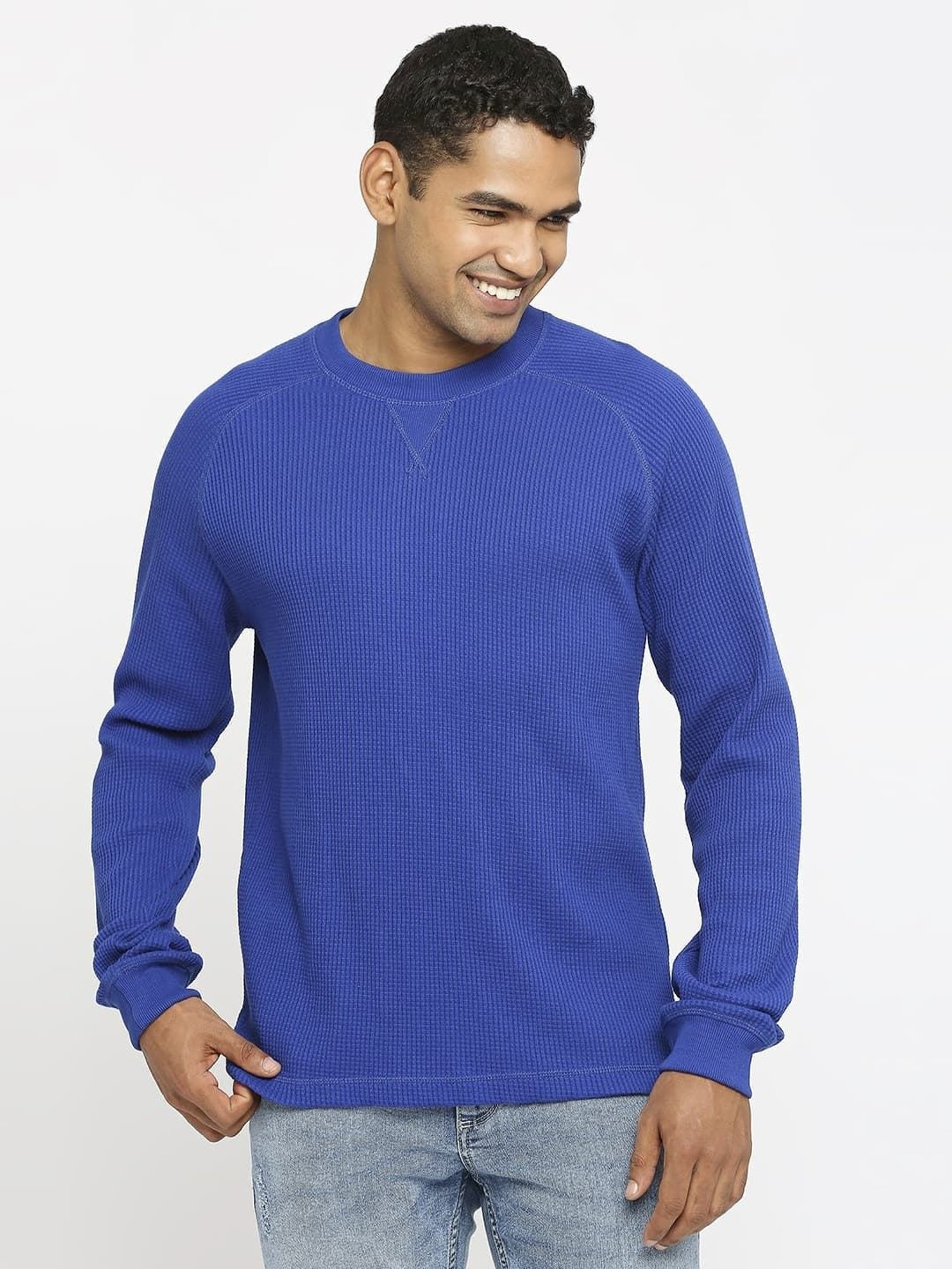 Basics Blue Cotton Muscle Fit T-Shirt