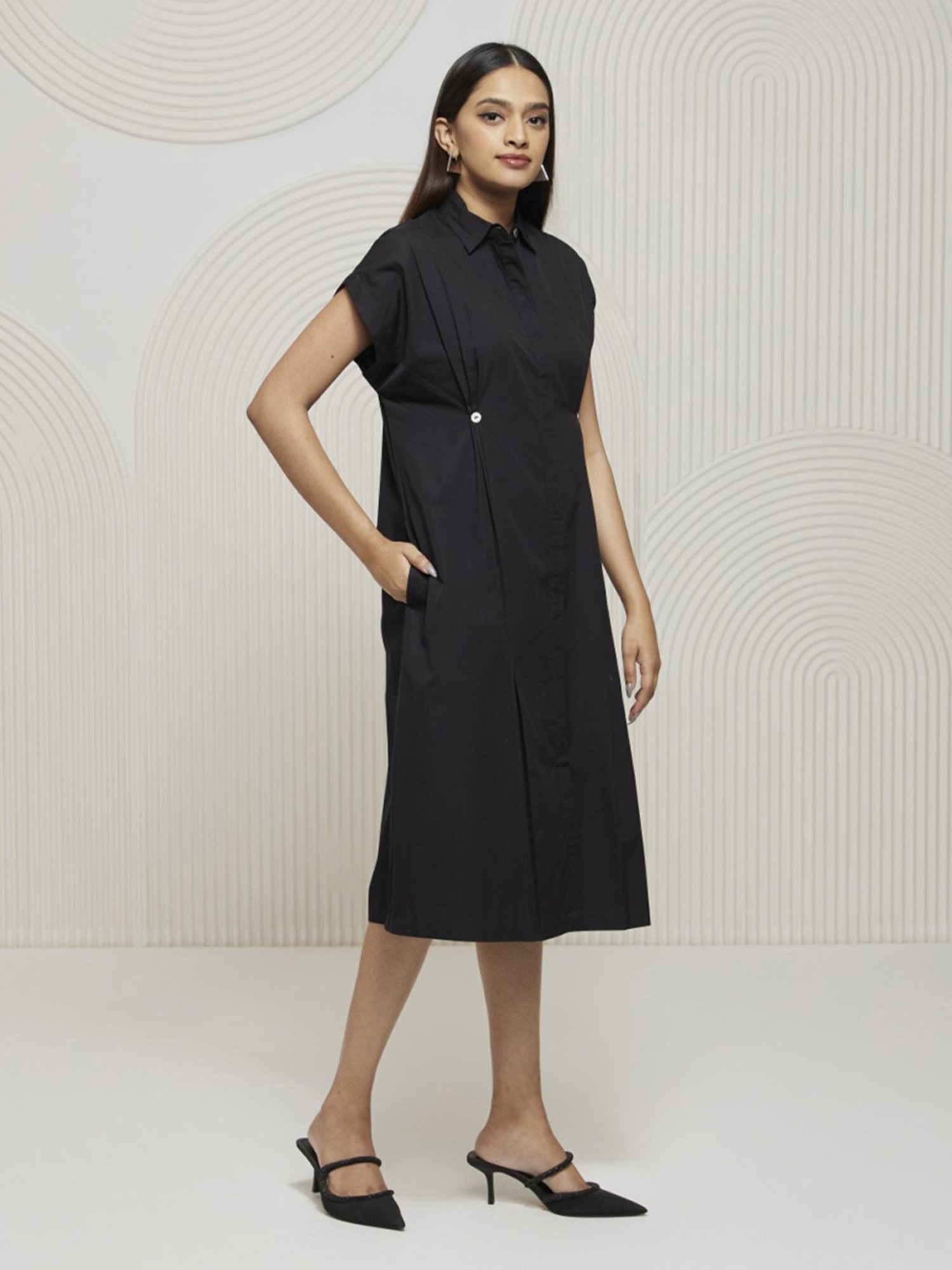 Artagai Black Pleated Shirt Dress with Concealed Placket