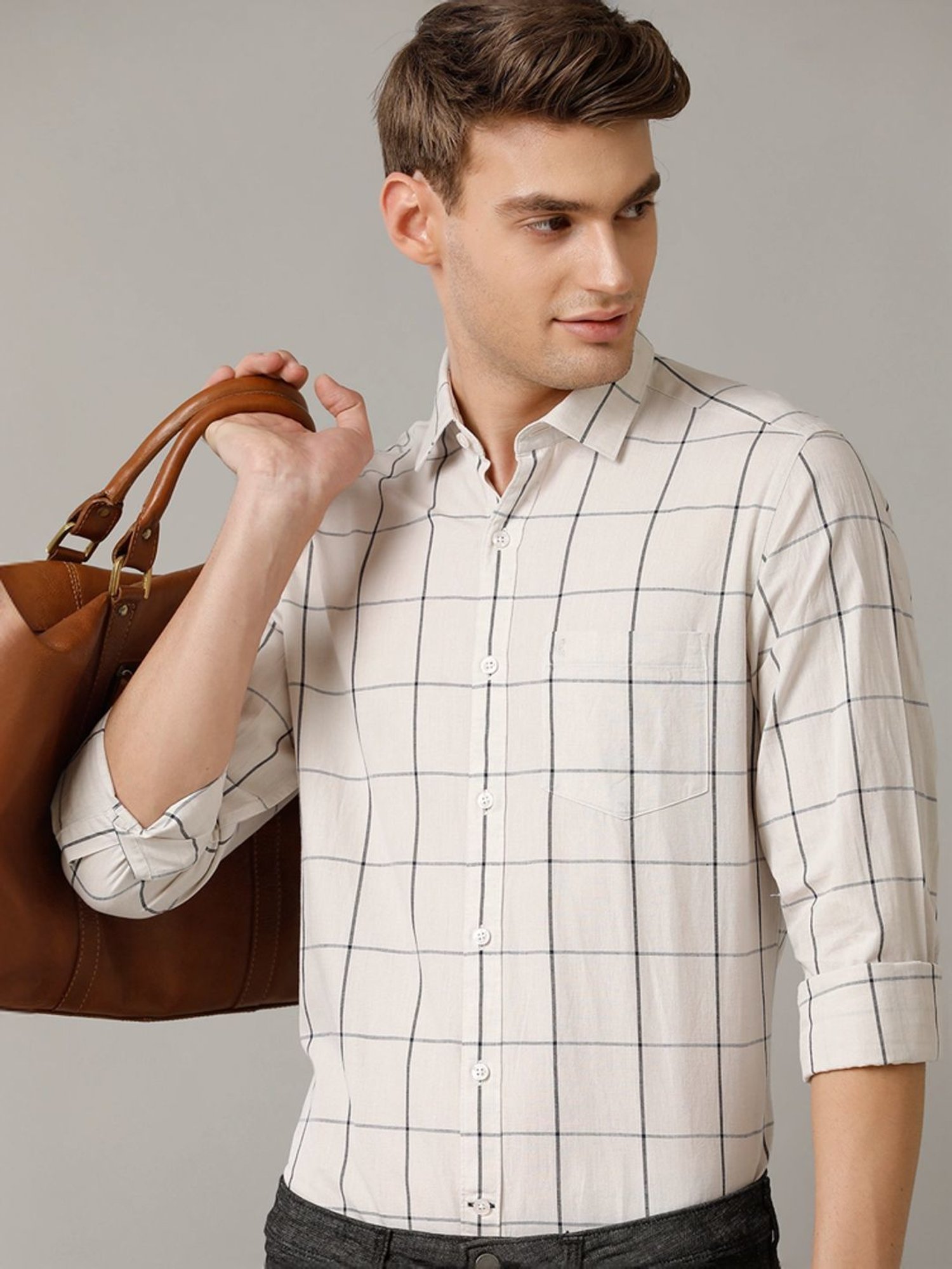 Cavallo By Linen Club Natural Linen Contemporary Fit Checks Shirt