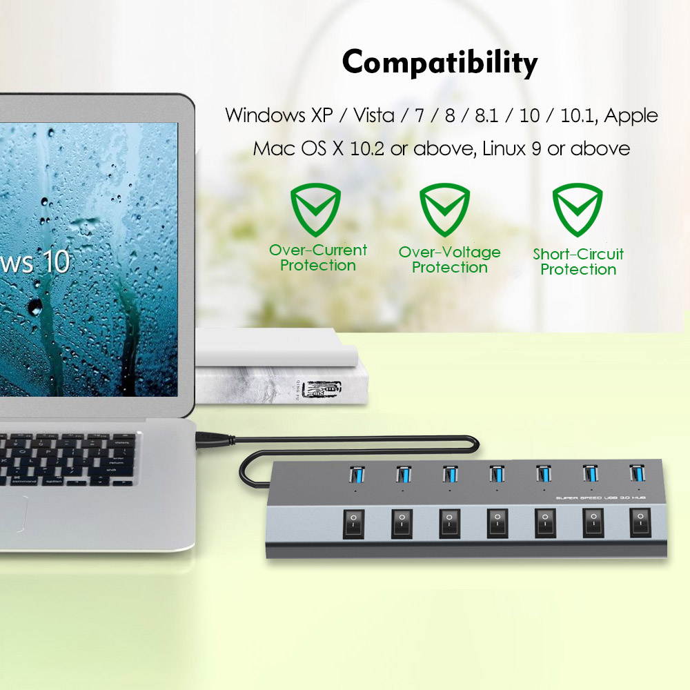 7-Port USB 3.0 Superspeed Hub with 48W Power Adapter, On/Off Switches with BC 1.2 Charging  up to 5V/2.4A per port Support for Macbook, iPad, iPhone, Laptops, Tablets, Mobile HDD and more