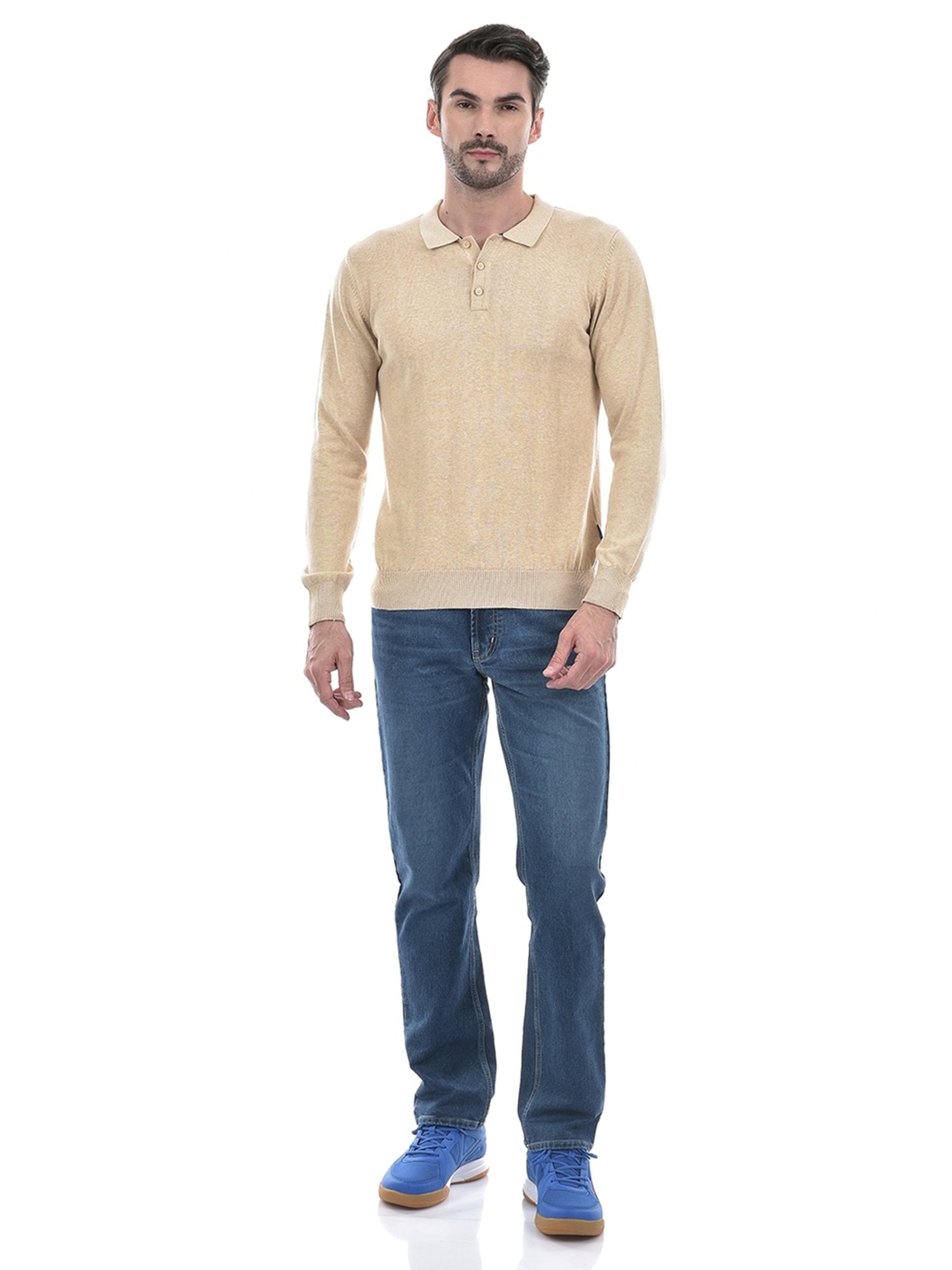 Numero Uno Beige Cotton Regular Fit Texture Polo T-Shirt