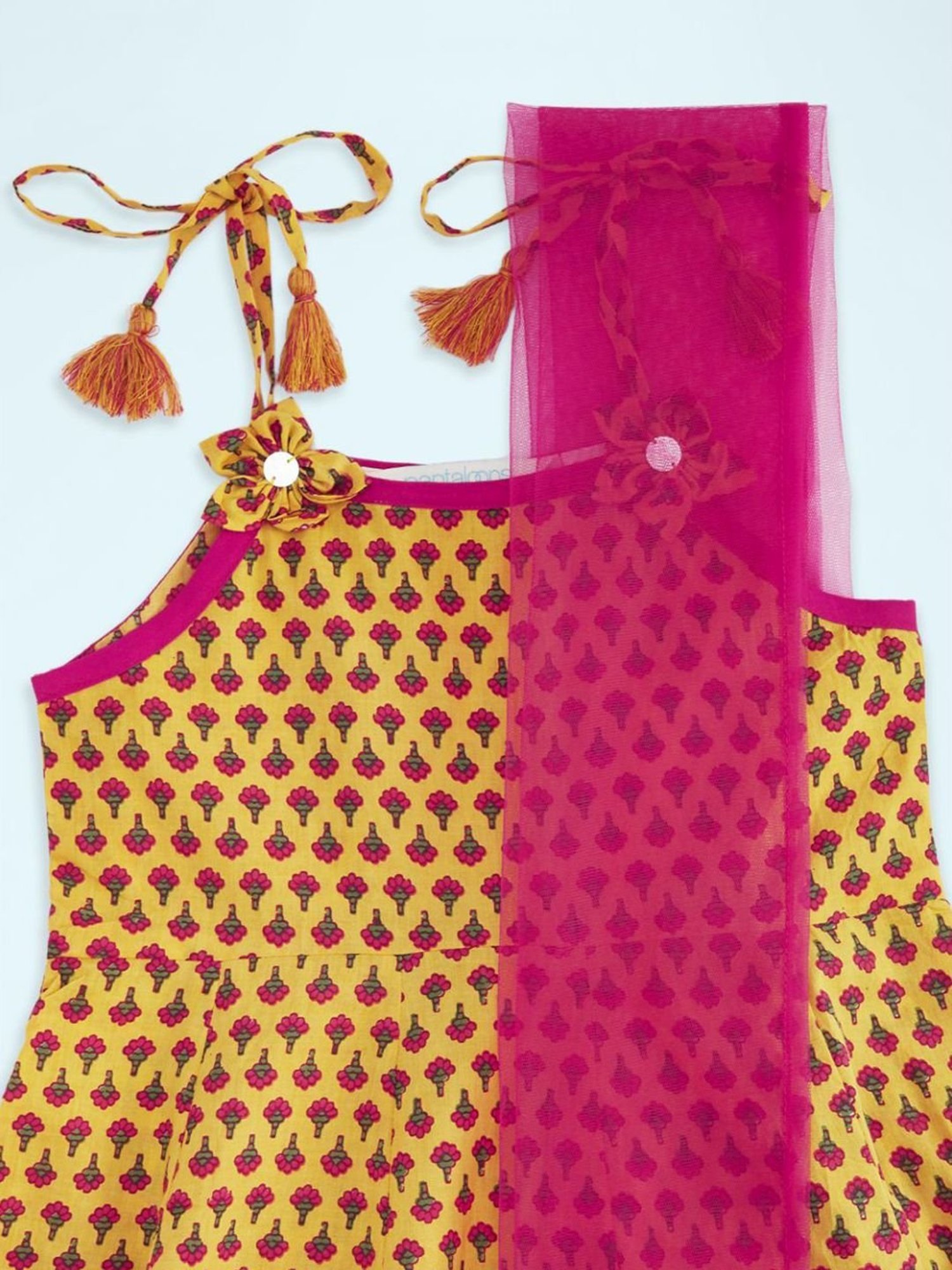 Akkriti by Pantaloons Kids Mustard & Pink Cotton Floral Print Kurta Set