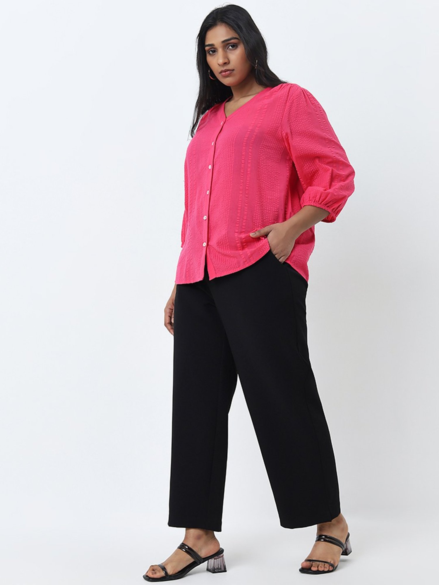 Gia by Westside Fuchsia Striped Seersucker Textured Blouse