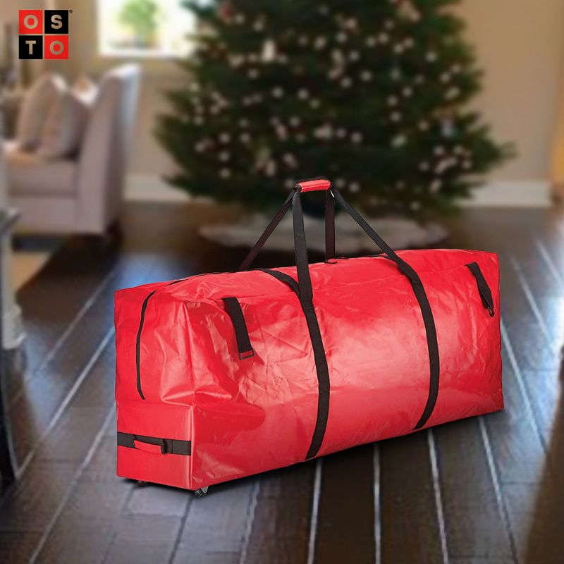 OSTO Heavy Duty PVC Artificial Christmas Tree Storage Bag with Wheels for Disassembled Trees up to 7.5 Feet 48x15x20 Inch Red