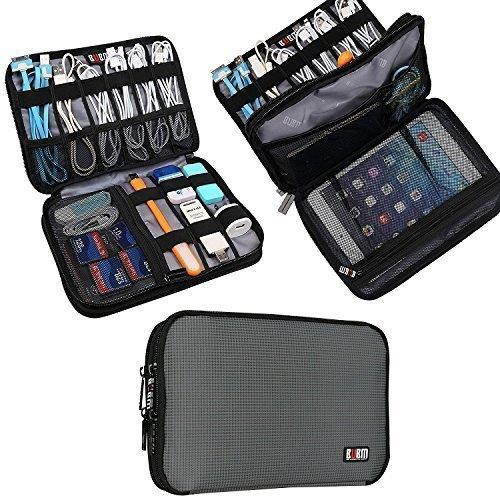 BUBM Double Layer Electronic Accessories Organizer, Travel Gear Bag for Cables, USB Flash Drive, Plug and More, Perfect Size Fits for iPad Mini (Medium, Gray)