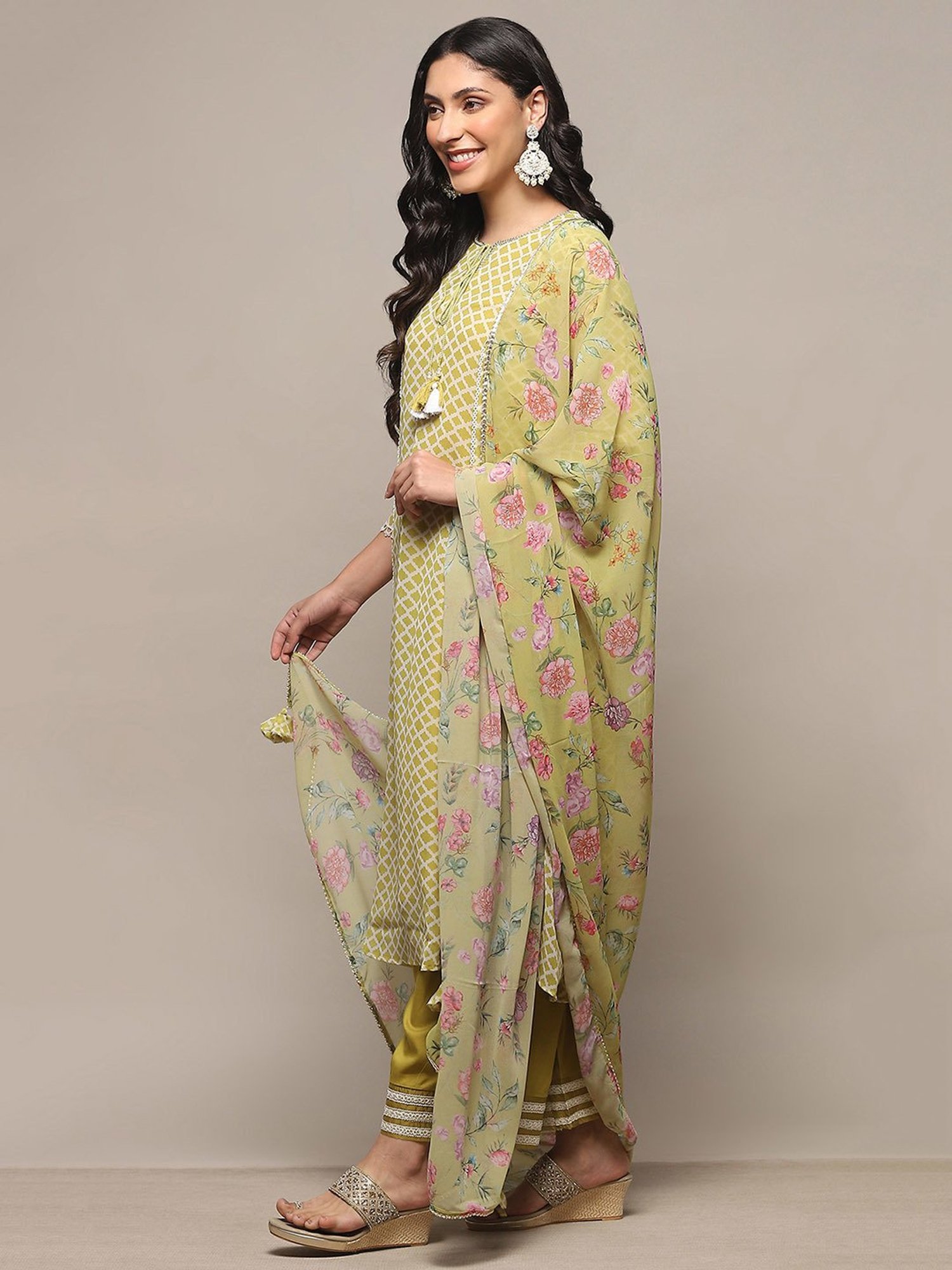 Biba Light Green Printed Kurta With Palazzo & Dupatta