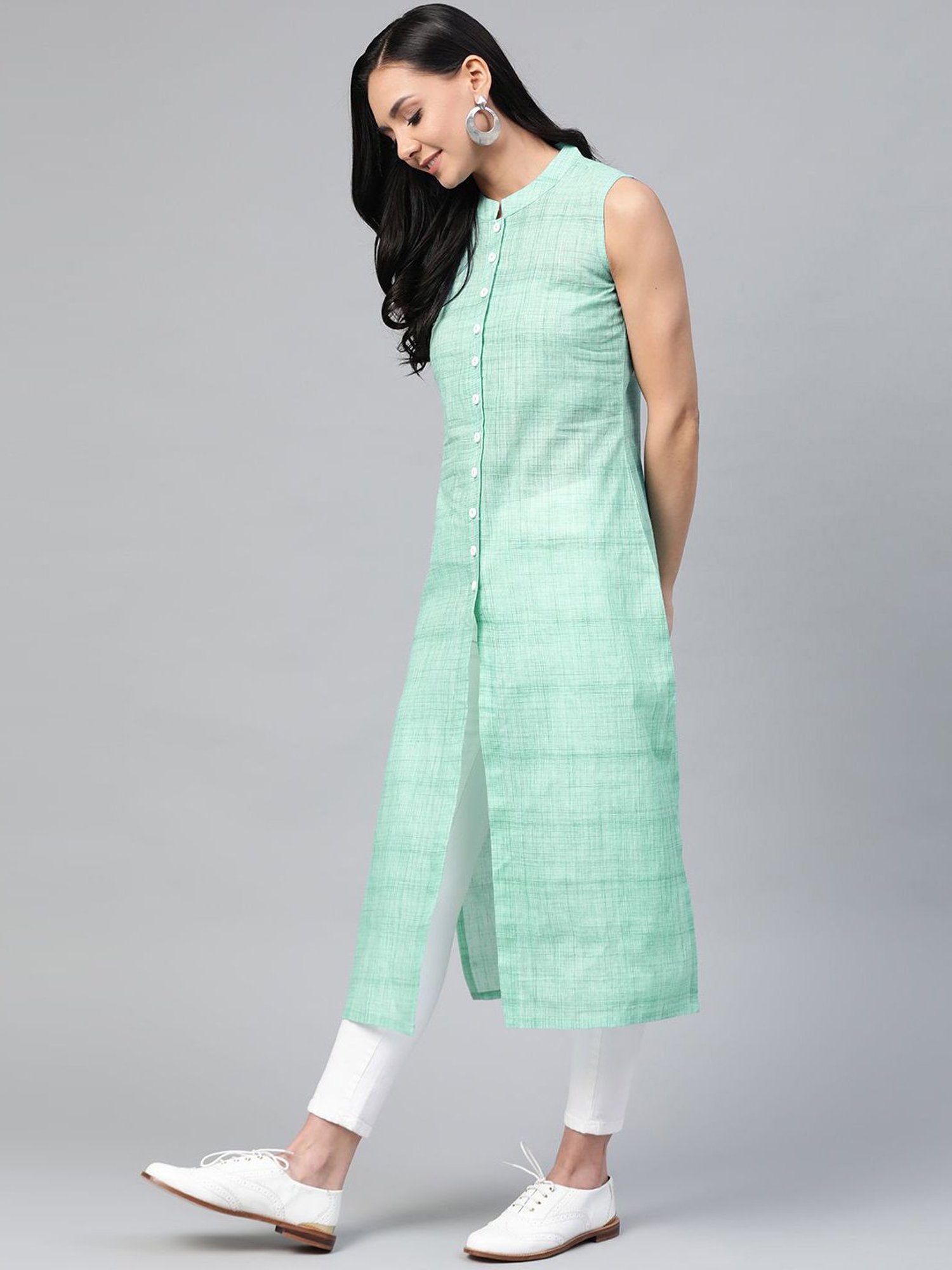 Jompers Green Cotton Woven Pattern Straight Kurta