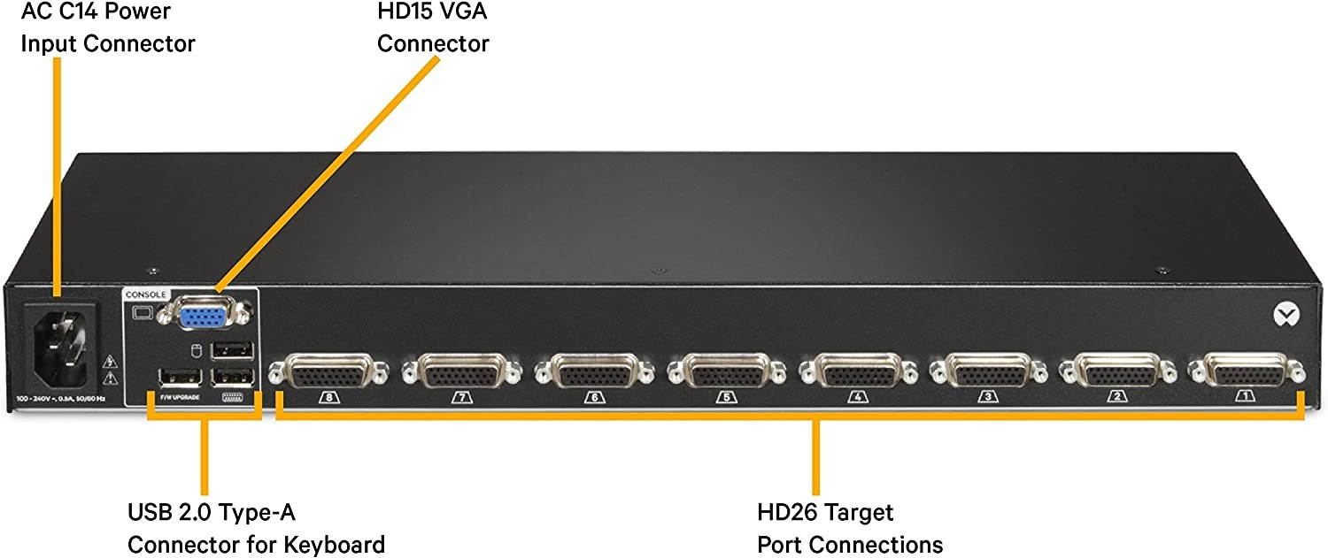 Vertiv Avocent 1x8 Rackmount or Desktop, Single-User KVM Switch With USB, OSD Support, 8 CBL017 VGA Cables, Touch Button and Hotkey Switching, Cascade Support and Internal Power Supply (AV108BND8-400)