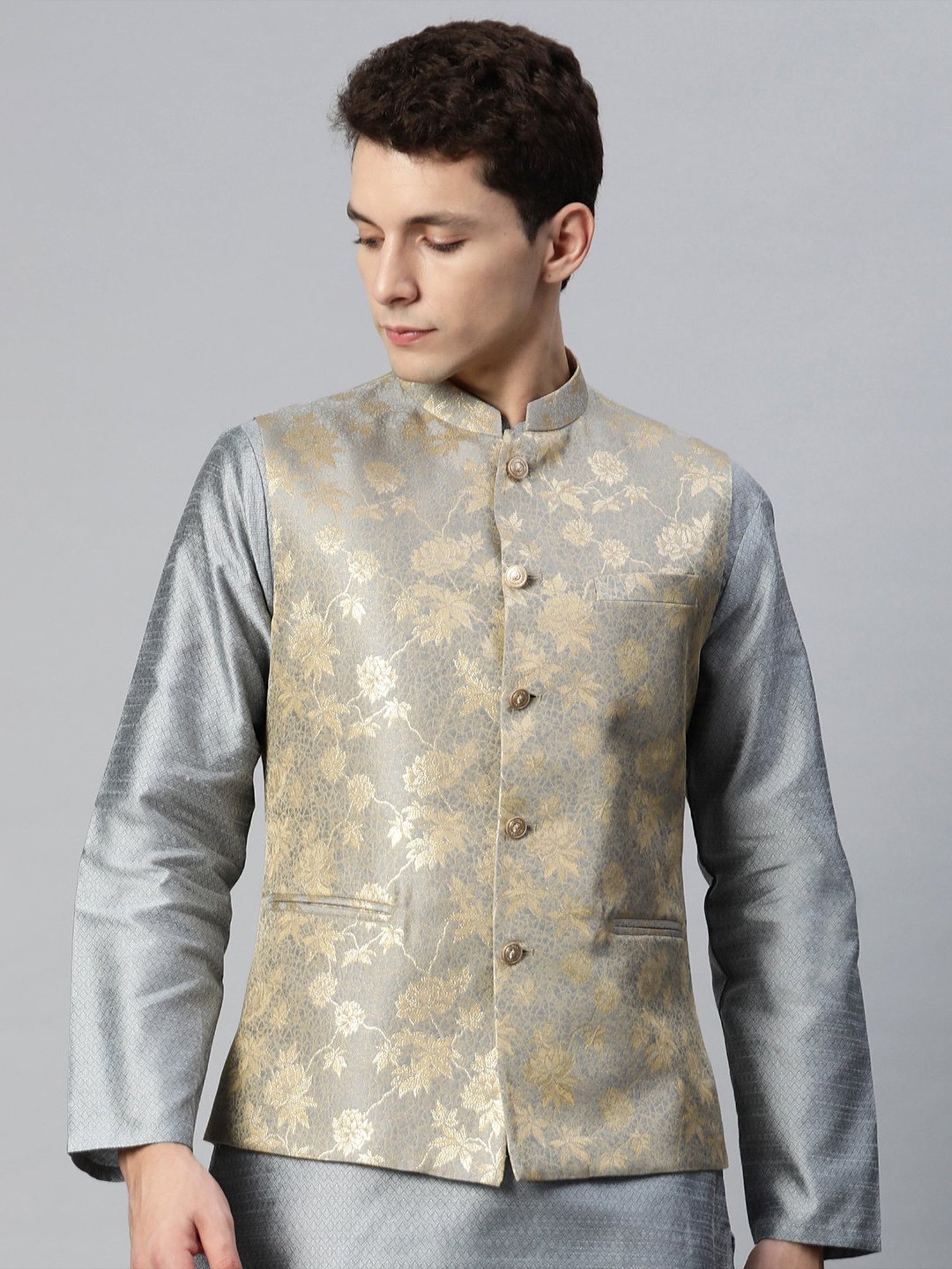 ManQ Grey Slim Fit Nehru Jacket