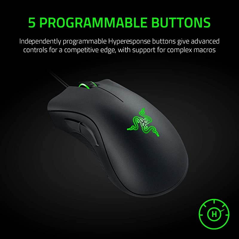 DeathAdder Essential Gaming Mouse 6400 DPI Optical Sensor 5 Programmable Buttons Mechanical Switches Rubber Side Grips Classic Black