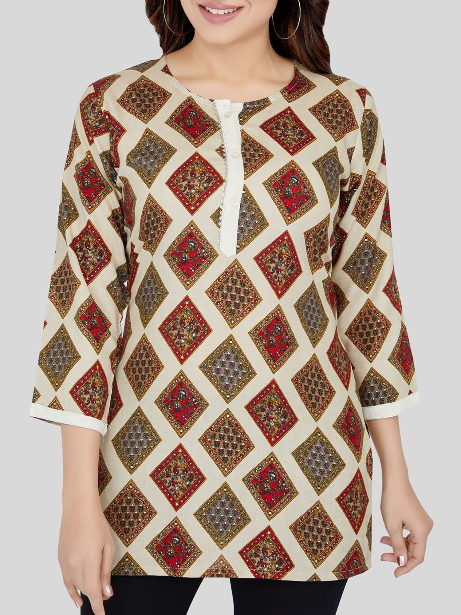 Saree Swarg Cream Chequered Straight Kurti