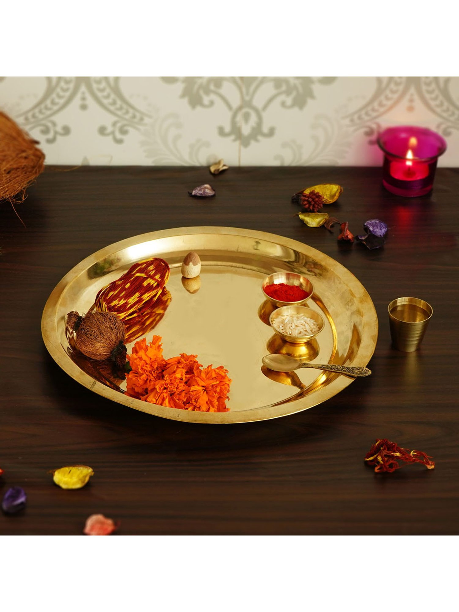 eCraftIndia 10.5 Inch Brass Pooja Thali with 2 Katori/Bowls, 1 Spoon and 1 Glass