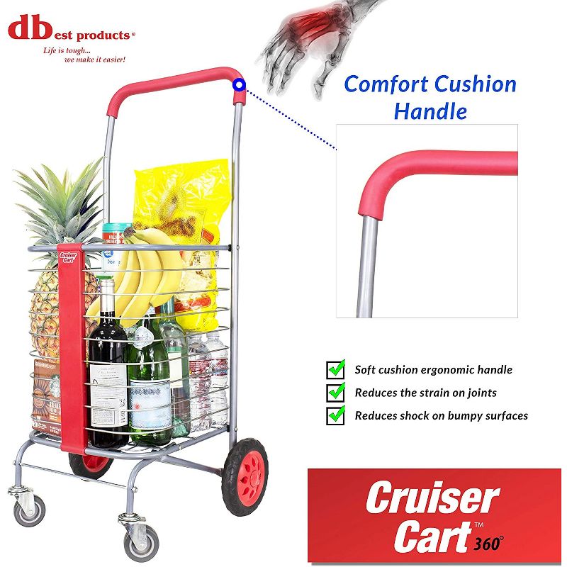 dbest products Steel Cruiser Cart 360 Foldable Lightweight Compact 4 Wheel Shopping Utility Trolley Laundry Basket and Rolling Storage Cart, Red