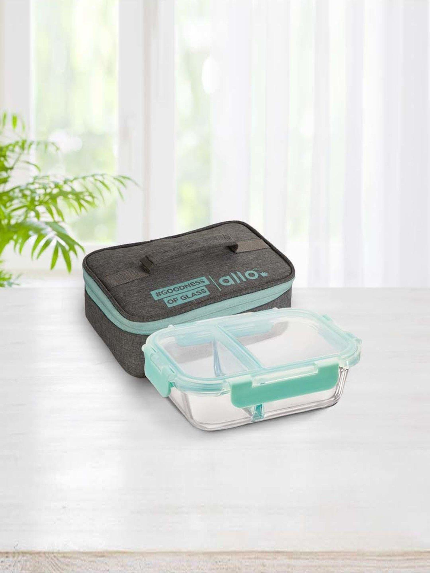 Allo Borosilicate Glass Lunch Box Microwave Safe With Detachable Lock and Canvas Grey Tiffin Bag
