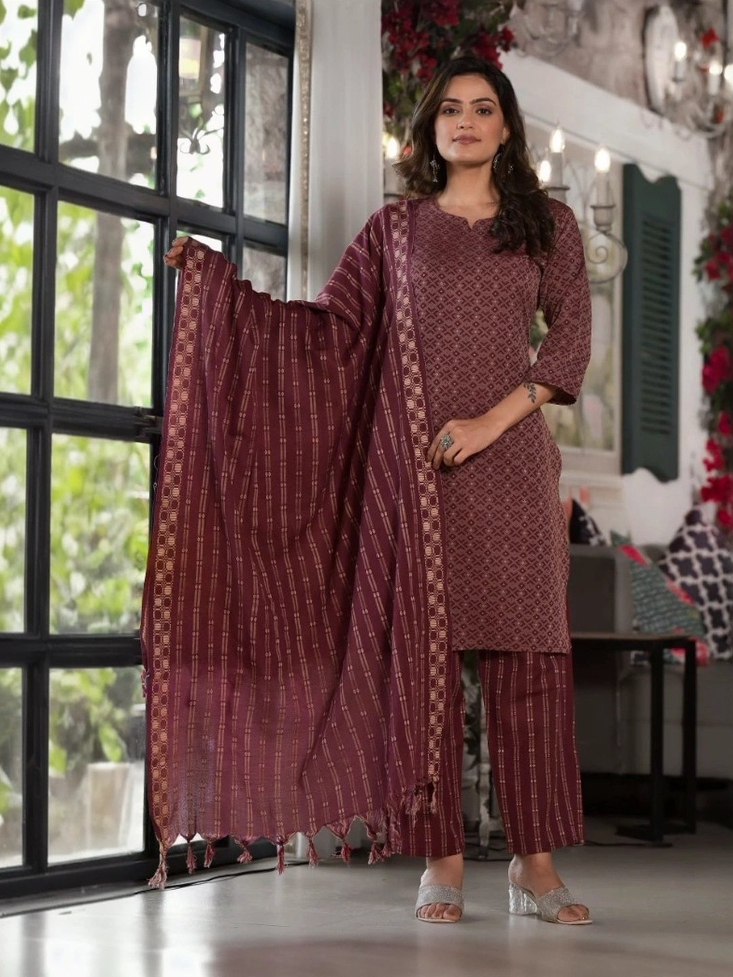 Juniper Maroon Cotton Printed Kurta Pant Set With Dupatta