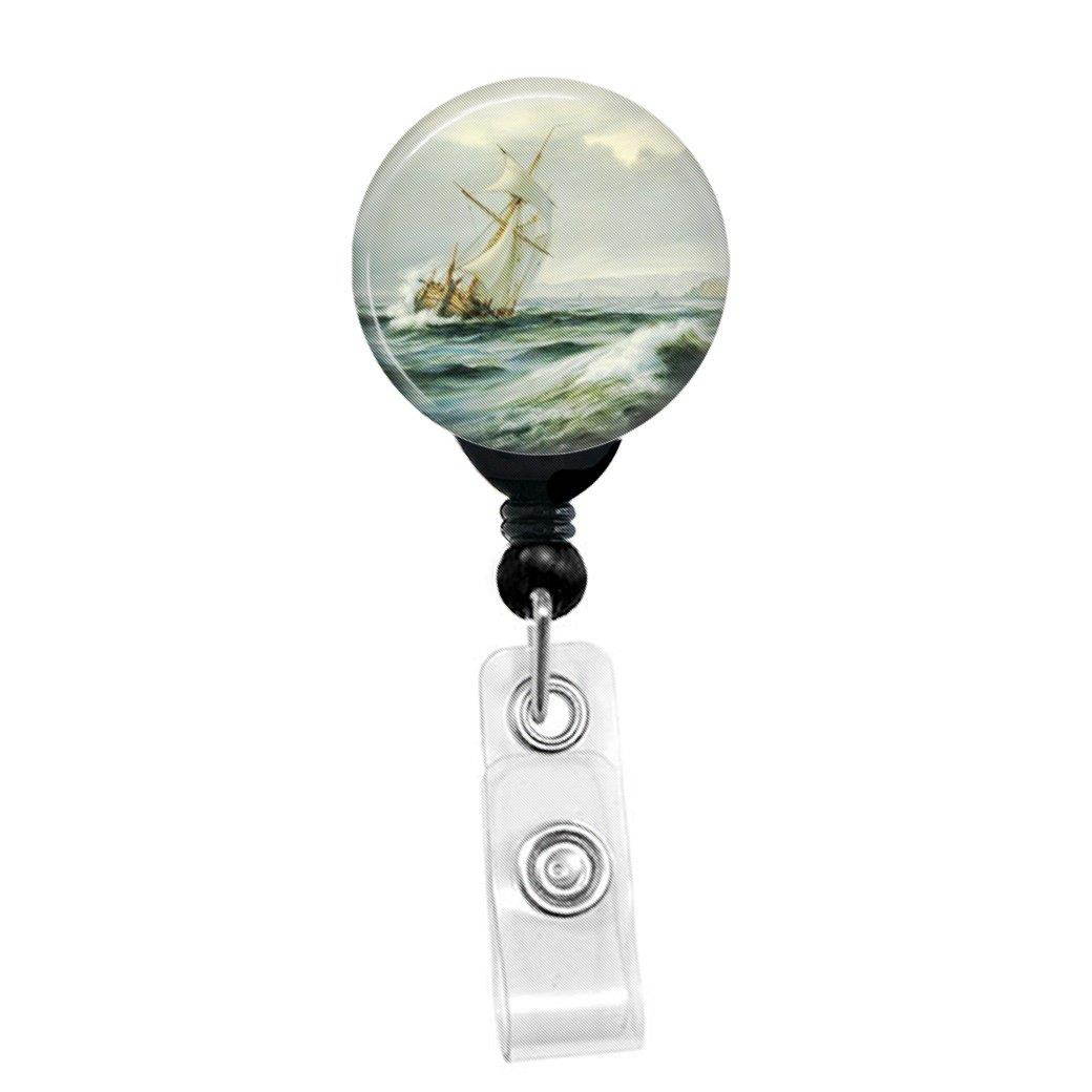 Anton Melbye - Seascape With Sailing Ship In Rough Waters - Retractable Badge Reel - ID Name Tag Custom Badge Holder (Black Badge Reel with Spring Pinch Clip)