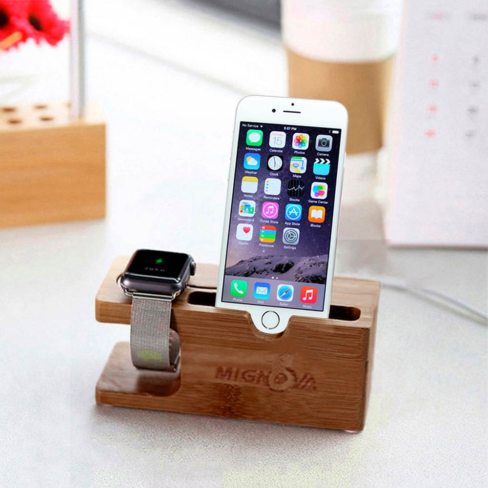 Apple Watch Stand,Mignova iWatch Bamboo Wood Charging Dock Cable Management Wood Charging Station Charger Stand Cradle Holder for Apple Watch 38mm 42mm & iPhone Xs Max XR X 8 7 6 Plus 5S 5c