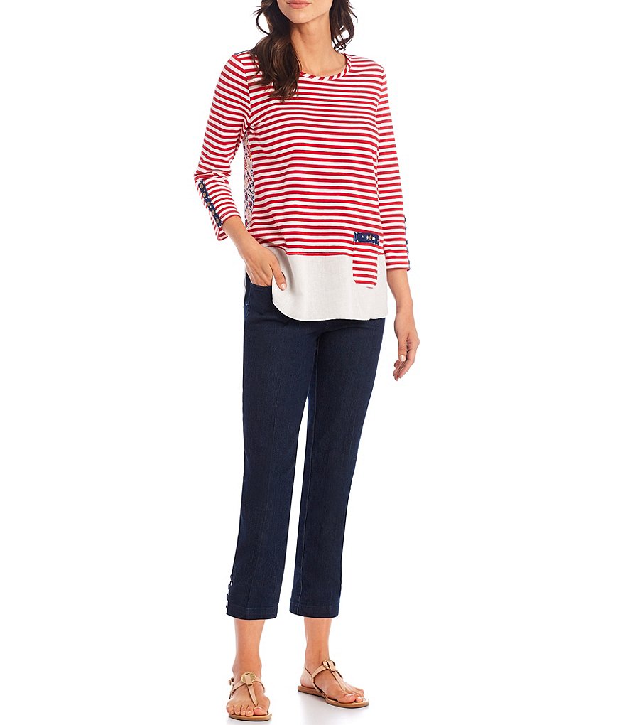 Multiples Stripe Print Contrast Back Jewel Neck 3/4 Sleeve One Pocket Top