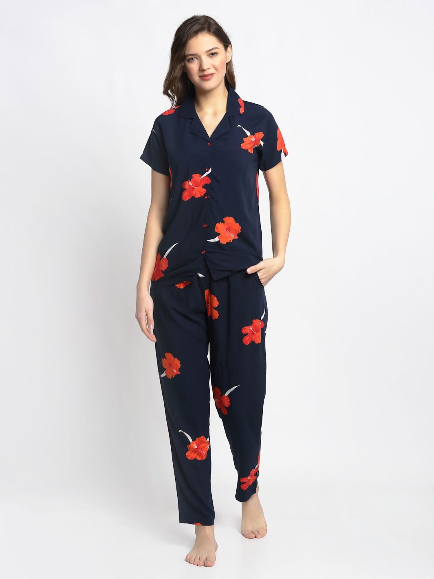 Boston Club Navy Floral Print Shirt With Pyjamas