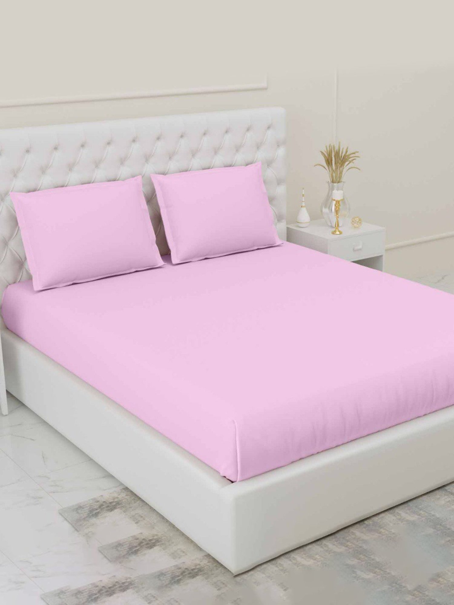 Haus & Kinder Solid Pink 300 TC Cotton Bed Sheet with 1 Pillow Cover