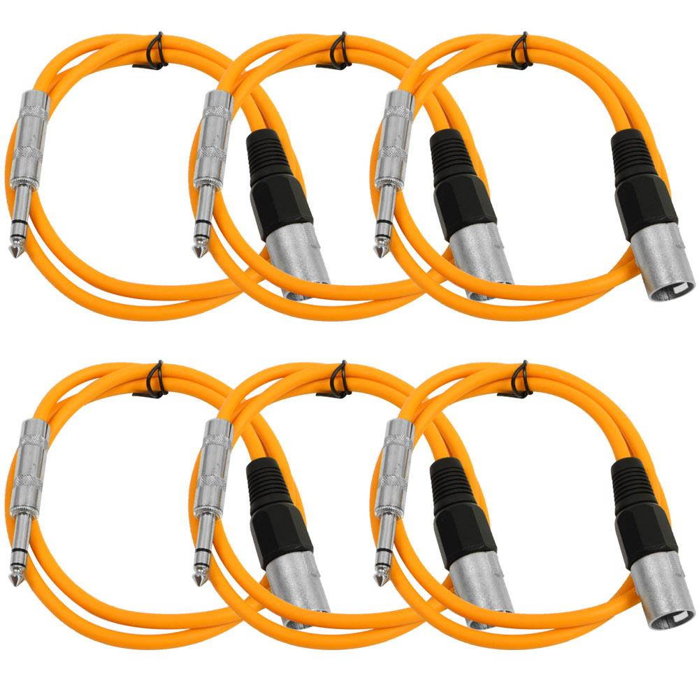 Seismic Audio - 6 Pack of Orange 3 foot XLR Male to TRS Male Patch Cables - Snake Microphone Cord