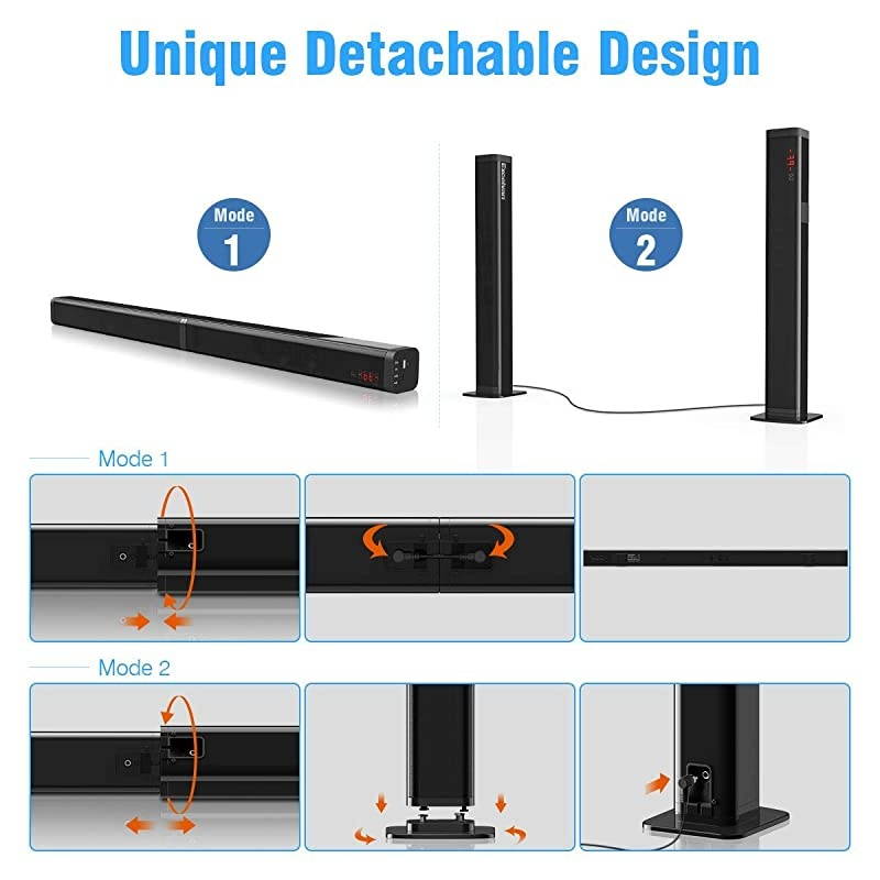 40W Detachable Soundbar TV Speaker, Flat Screen TV Sound Bar Wired & Wireless Bluetooth Sound Bars with Stereo Audio System 3D Surround Sound System Home Theater Speaker with Remote/Optical
