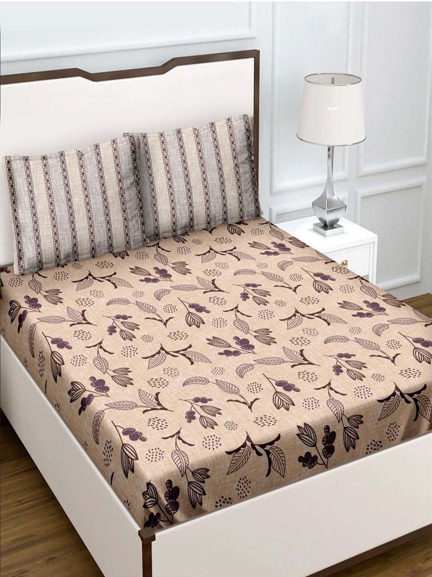 BELLA CASA Genteel Brown Cotton 180 TC King Bedsheet with 2 Pillow Covers