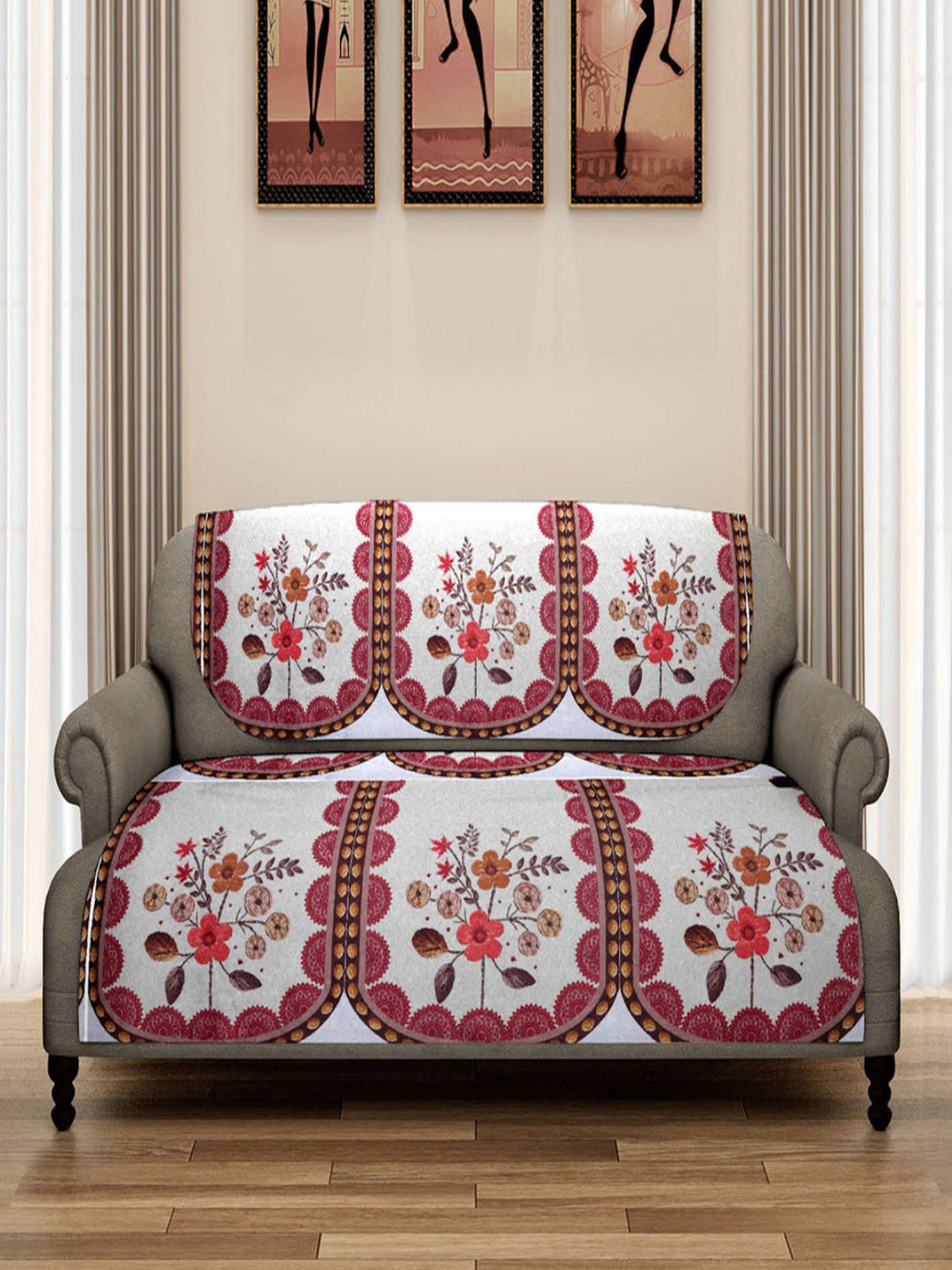 Romee Beige Polyester Floral Sofa Covers