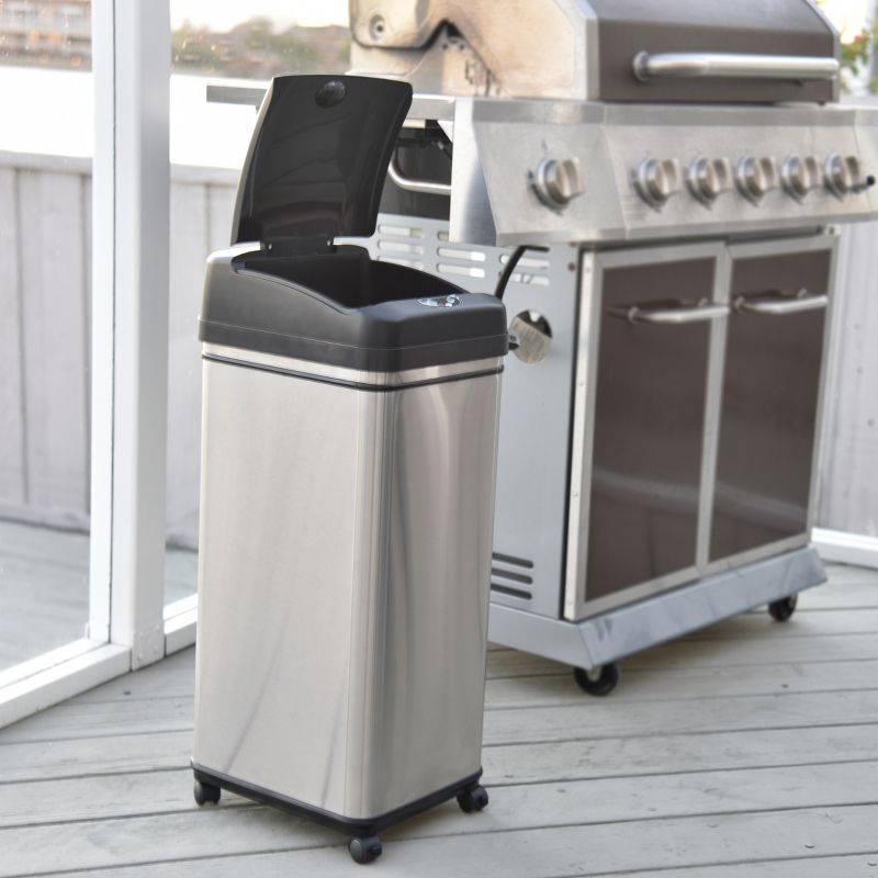 iTouchless Rolling Sensor Kitchen Trash Can with Wheels and AbsorbX Odor Filter 13 Gallon Silver Stainless Steel