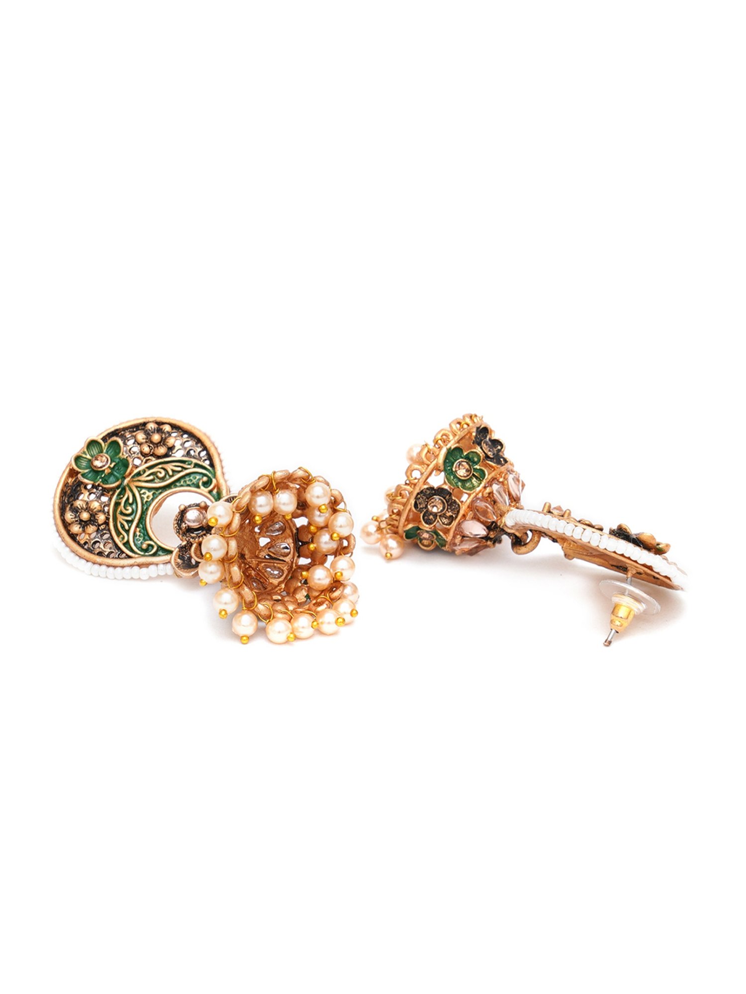 Karatcart Antique Gold-Plated White Beaded Green Floral Jhumki Earrings for Women