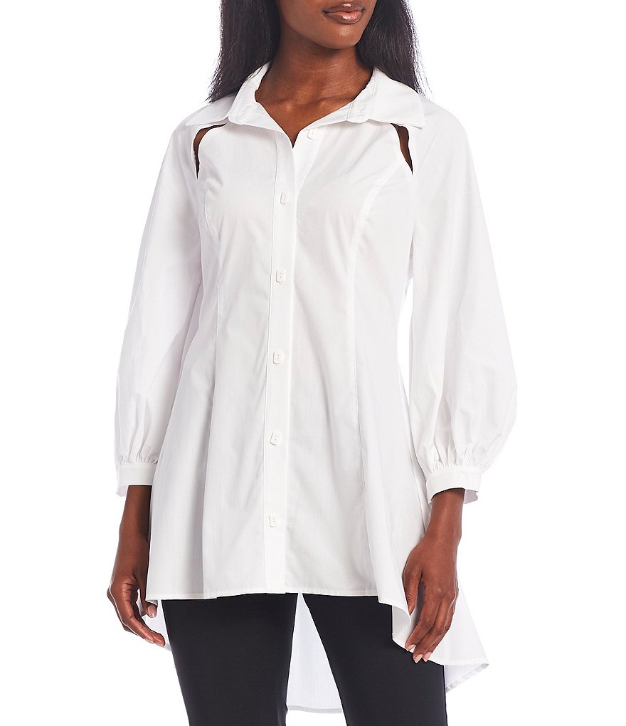 IC Collection Point Collar 3/4 Sleeve Shoulder Split High Low Blouse