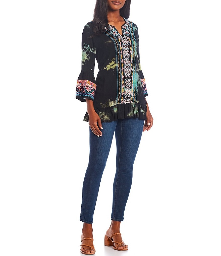 Calessa 3/4 Bell Sleeve Tie Dye Split Round Neck Embroidery Tunic