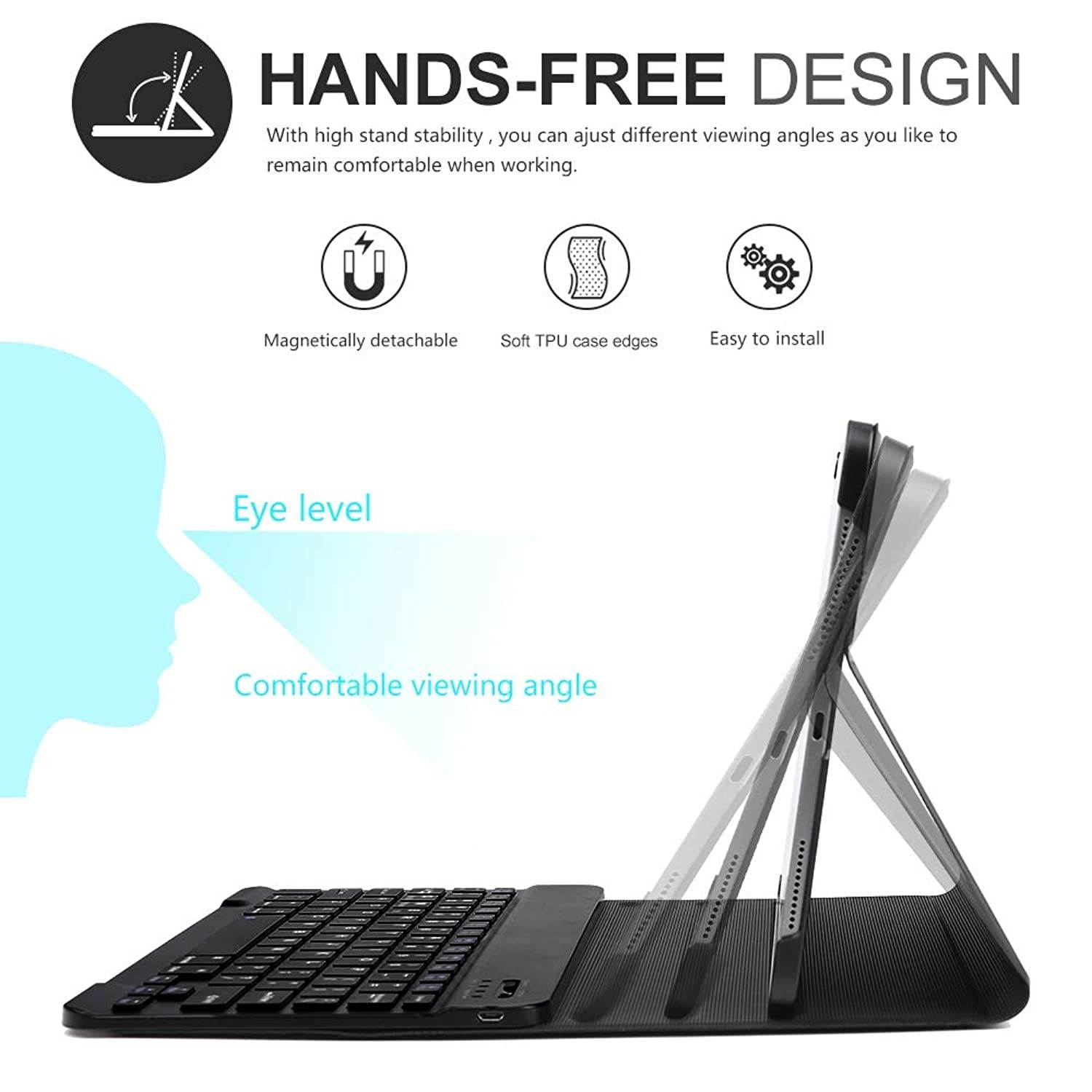 OYOSUOGG iPad Pro 11 Case with Keyboard 2018 - Lightweight - Auto Sleep/Wake - Slim Folio Smart Cover - Apple iPad Pro 11 2018 Leather Case with Magnet Detachable Wireless/BT Keyboard (Black)