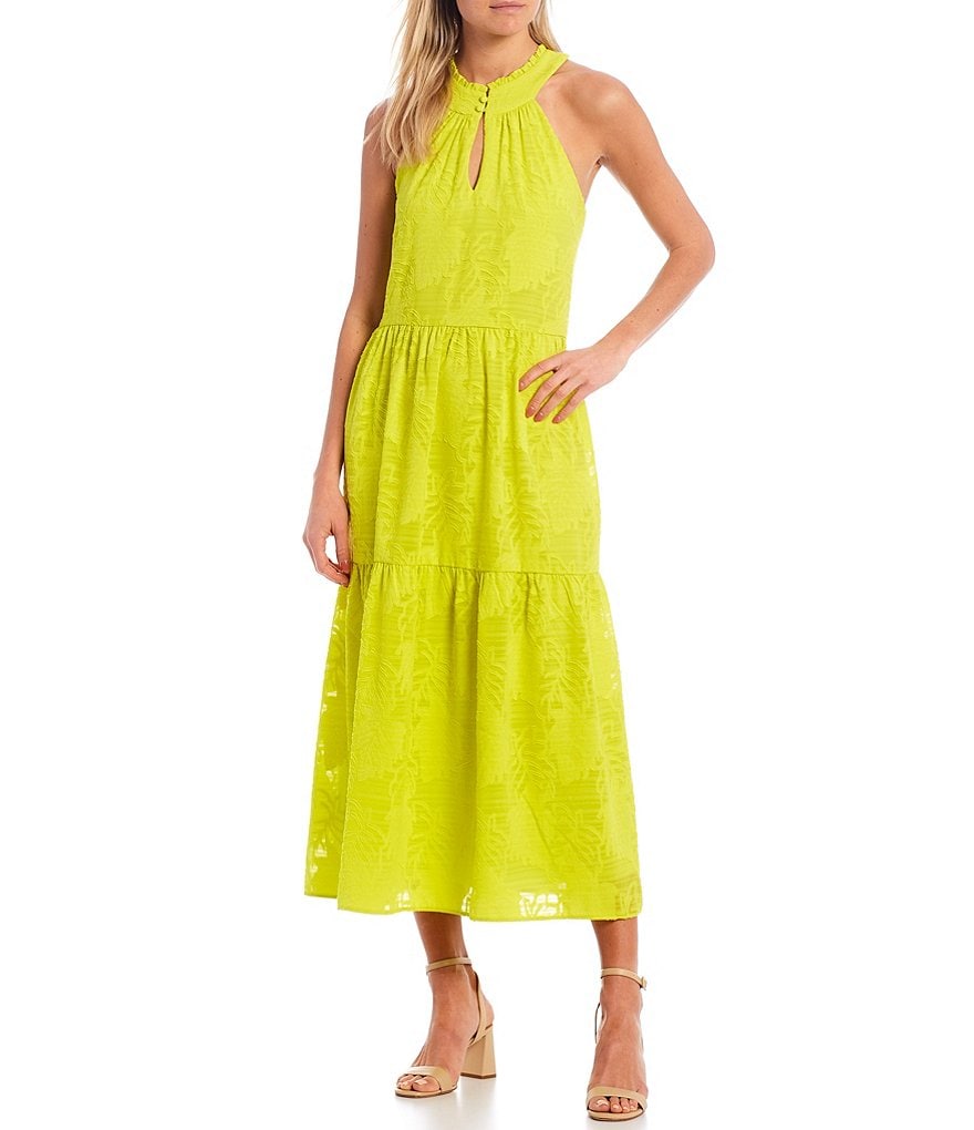 Donna Morgan Halter Burnout Crinkle Chiffon Midi Swing Dress