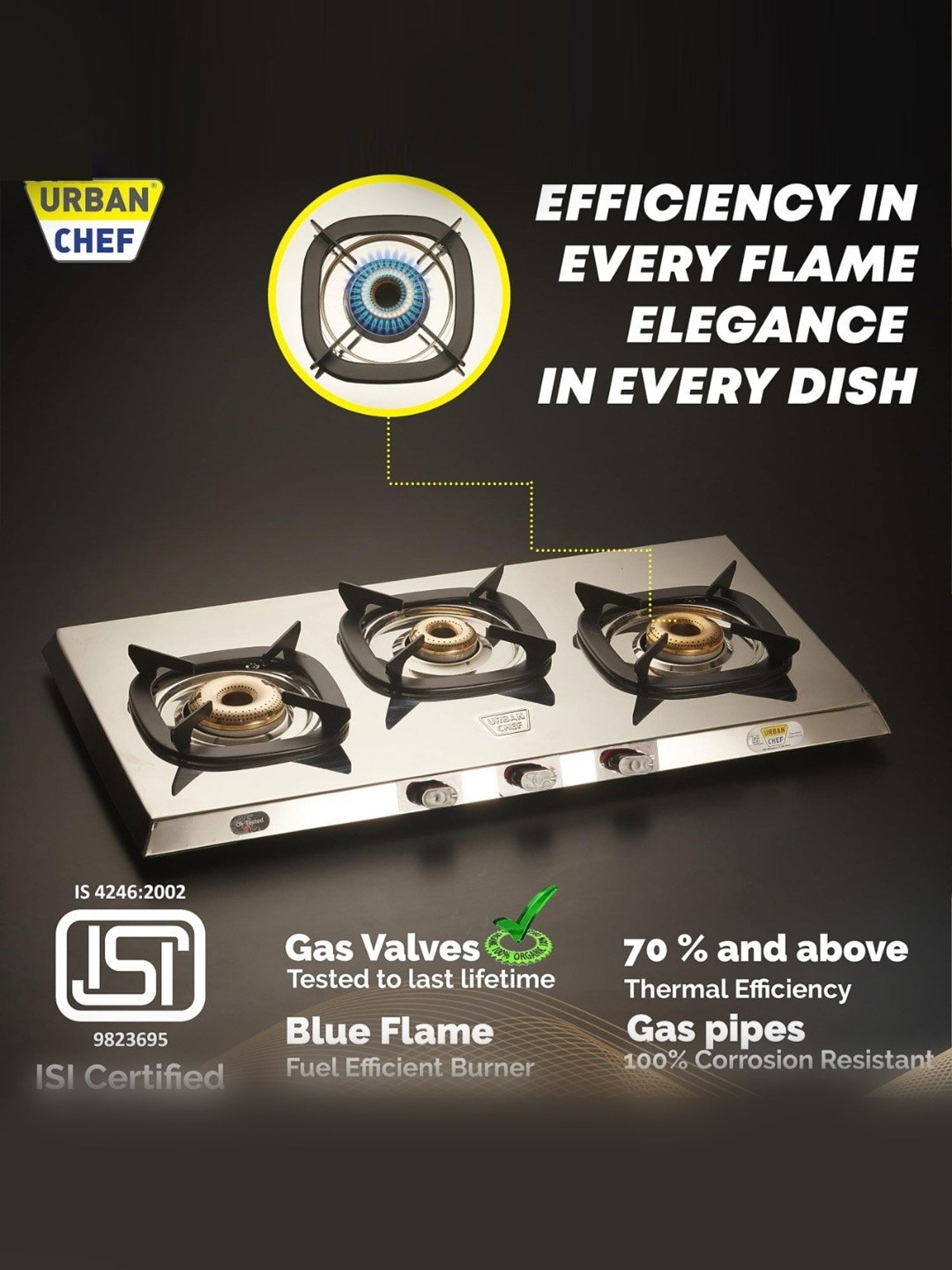 Urban Chef Gas Stove with 3 Burners ( Silver )