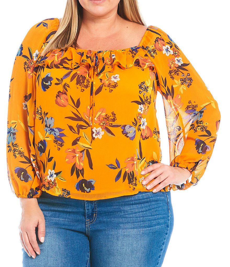 Jessica Simpson Plus Size Bailey Floral Square Neck Bubble Long Sleeve Blouse
