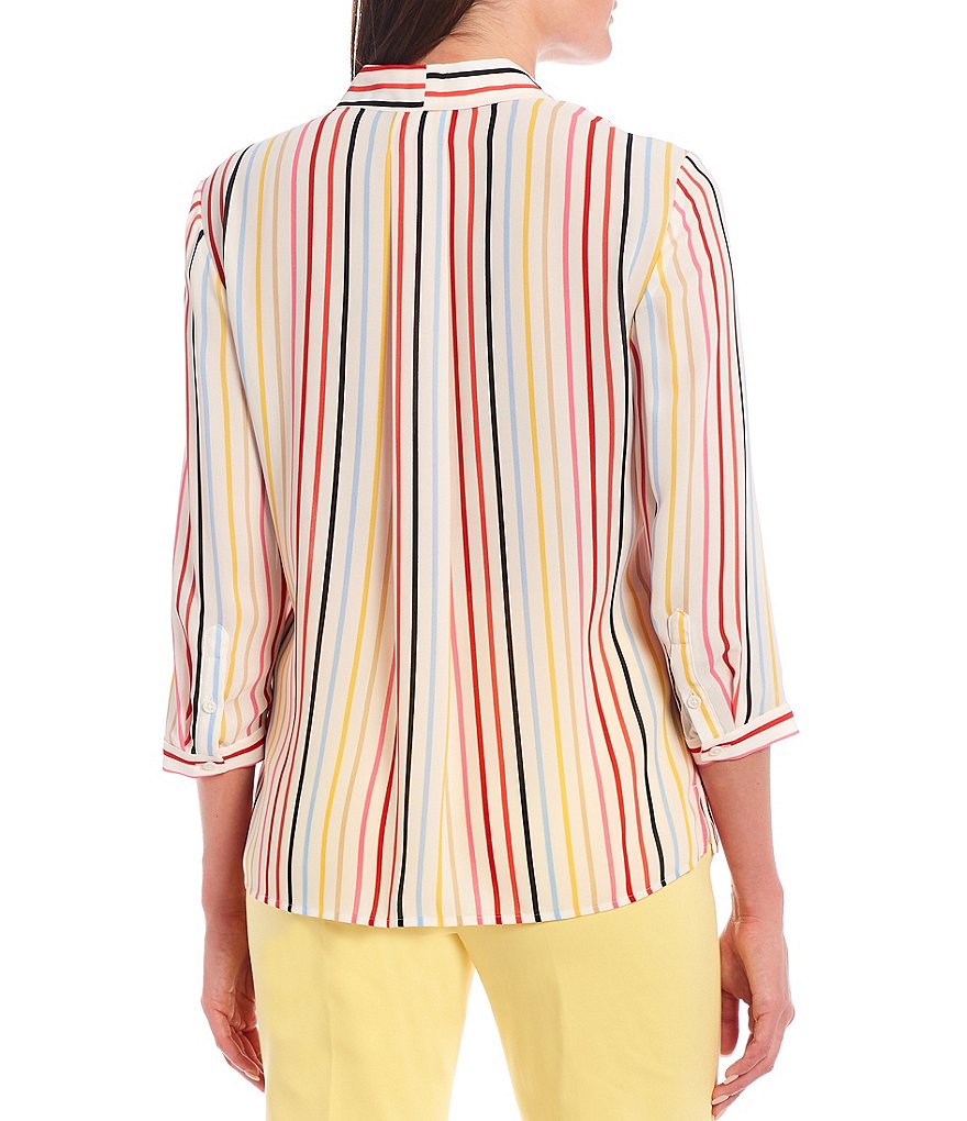 Investments V-Neck 3/4 Sleeve Stripe Button Front Top