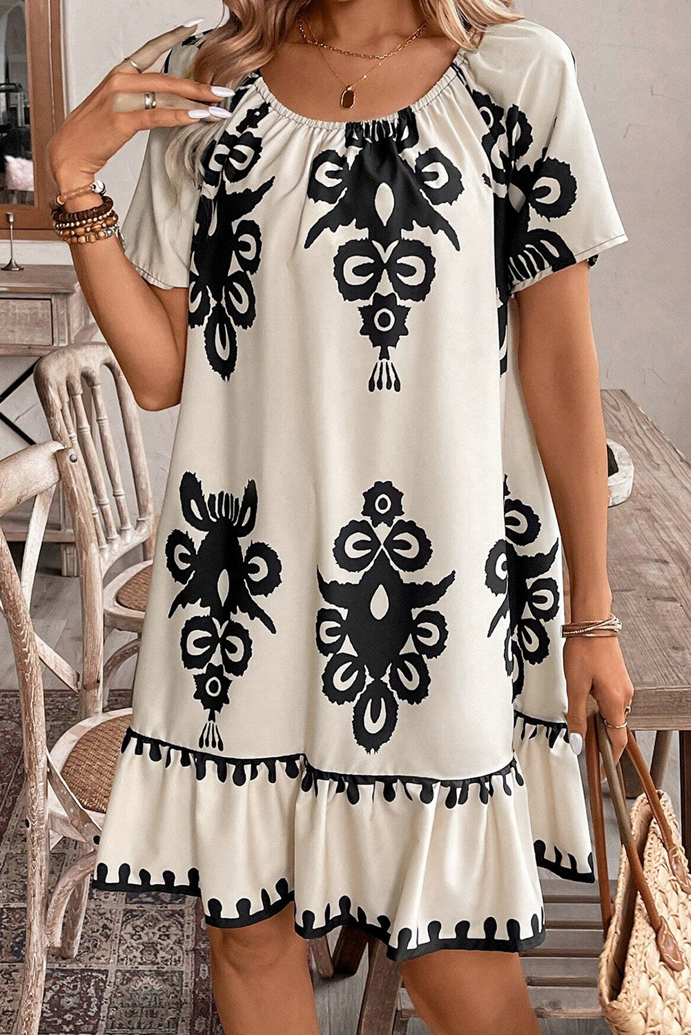 White Frill Mock Neck Sleeveless Tiered Floral Dress