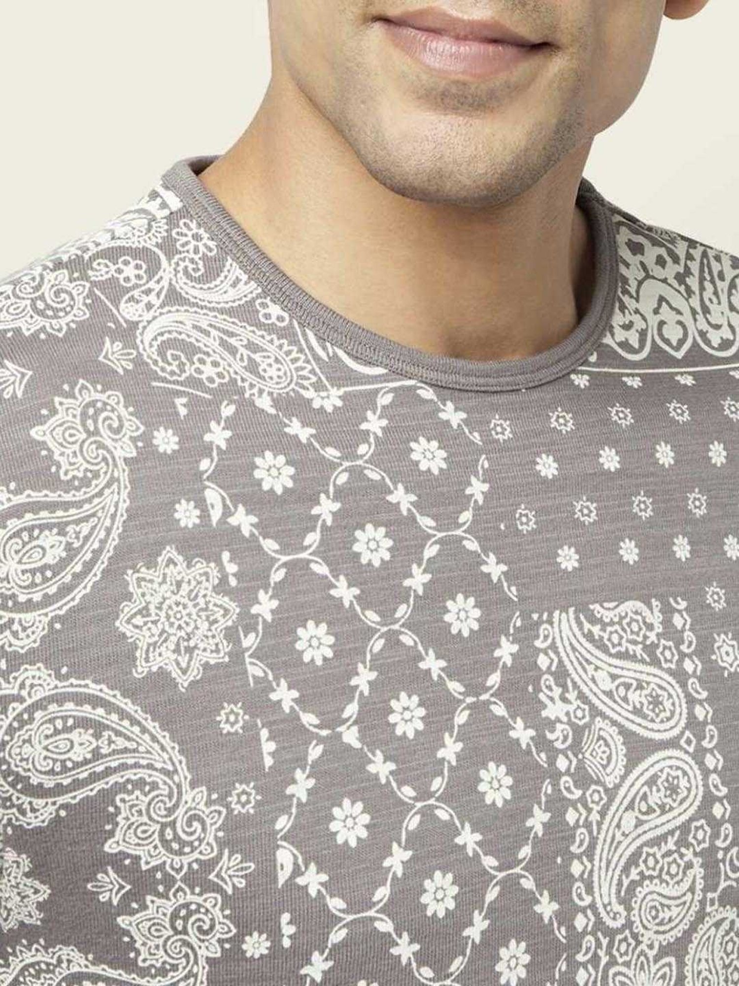 7 Alt by Pantaloons Medium Grey Cotton Relaxed Fit Printed T-Shirt